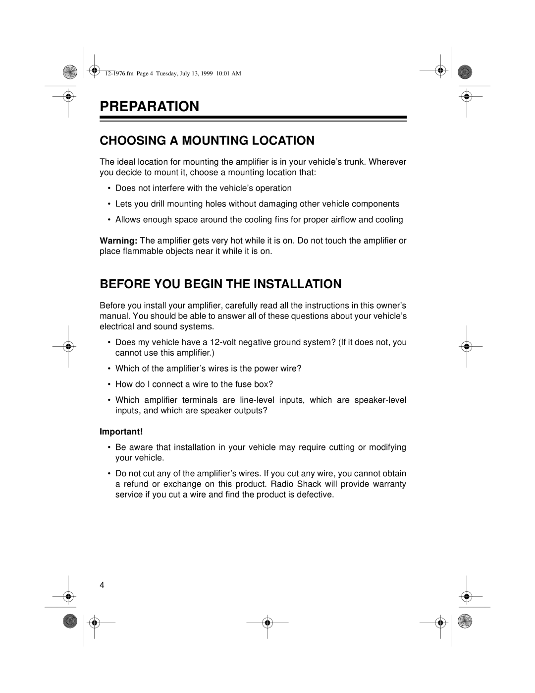 Radio Shack Trunk Mount owner manual Preparation, Choosing a Mounting Location, Before YOU Begin the Installation 