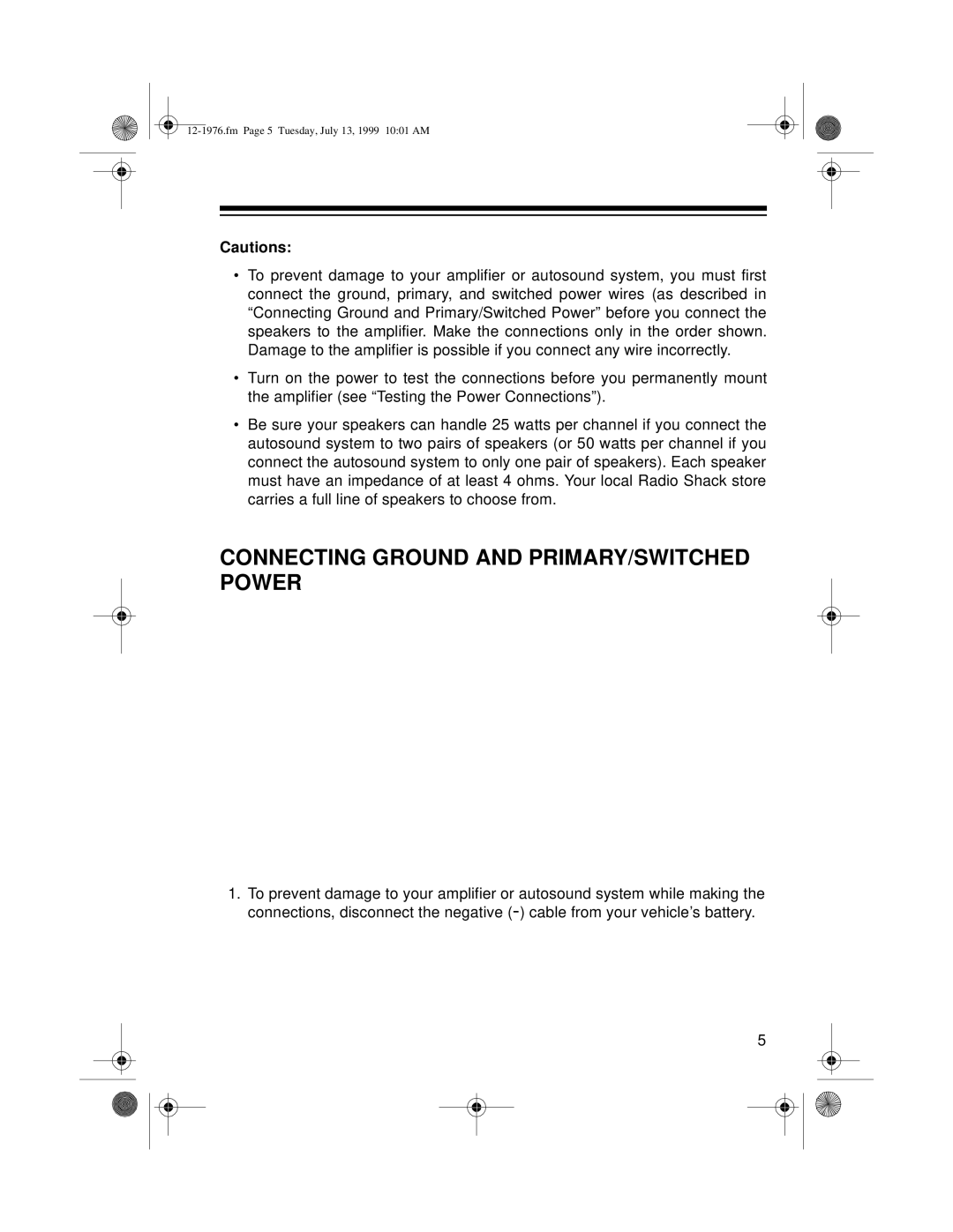 Radio Shack Trunk Mount owner manual Connecting Ground and PRIMARY/SWITCHED Power 