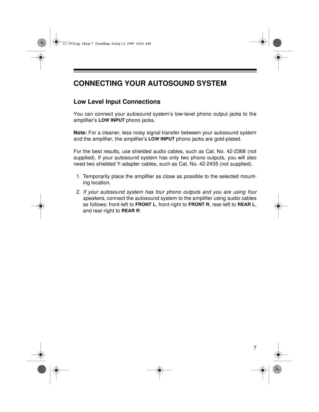 Radio Shack Trunk Mount owner manual Connecting Your Autosound System, Low Level Input Connections 