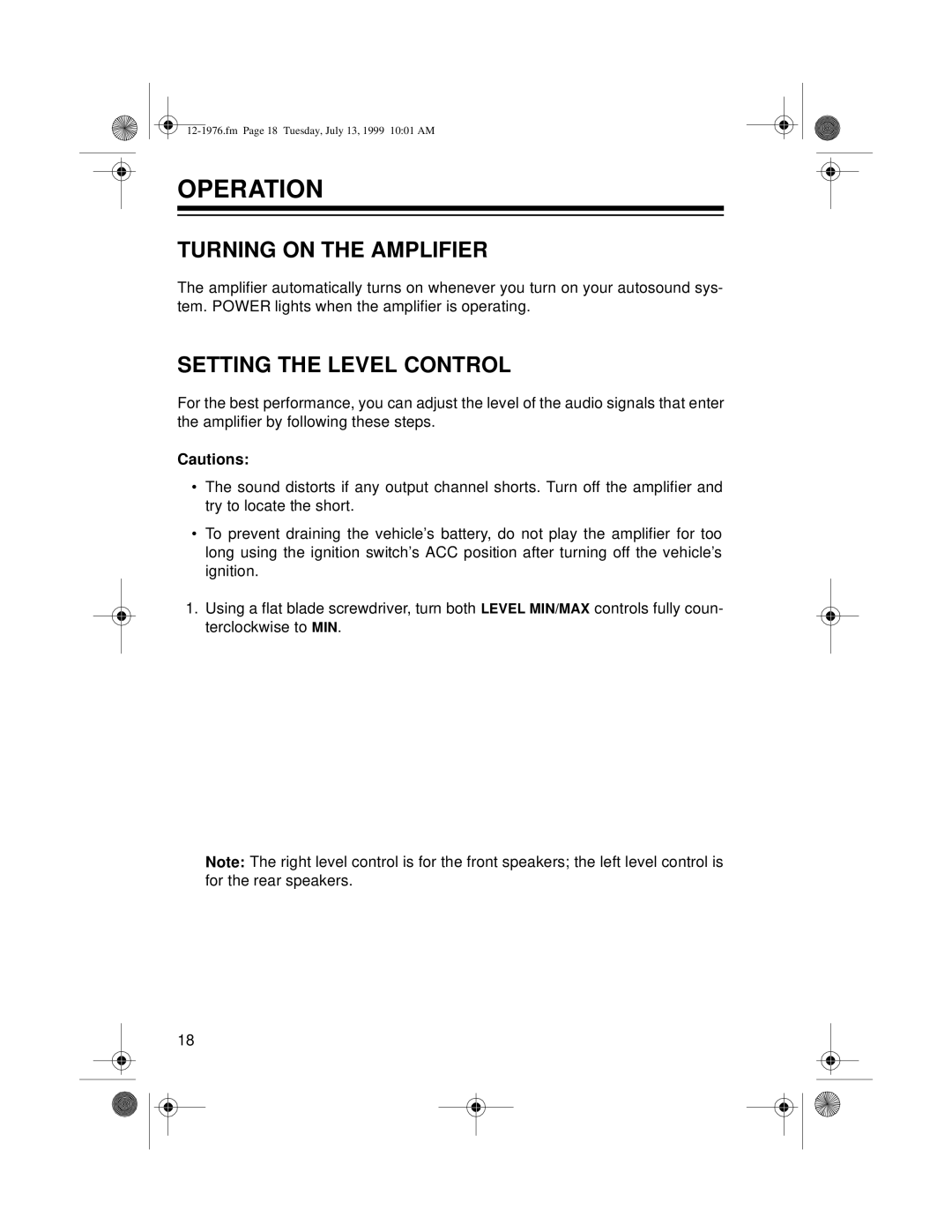 Radio Shack Trunk Mount owner manual Operation, Turning On The Amplifier, Setting The Level Control, Cautions 