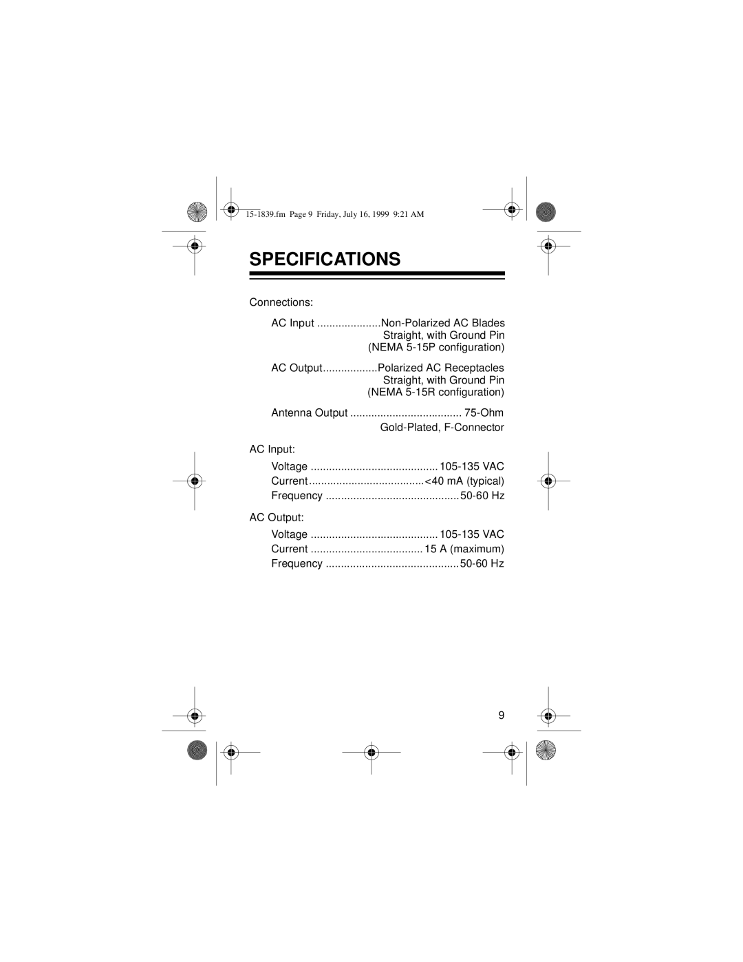 Radio Shack TV ANTENNA owner manual Specifications 