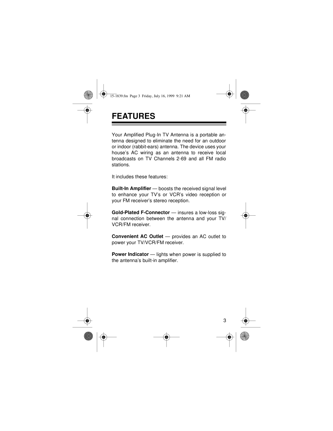 Radio Shack TV ANTENNA owner manual Features 
