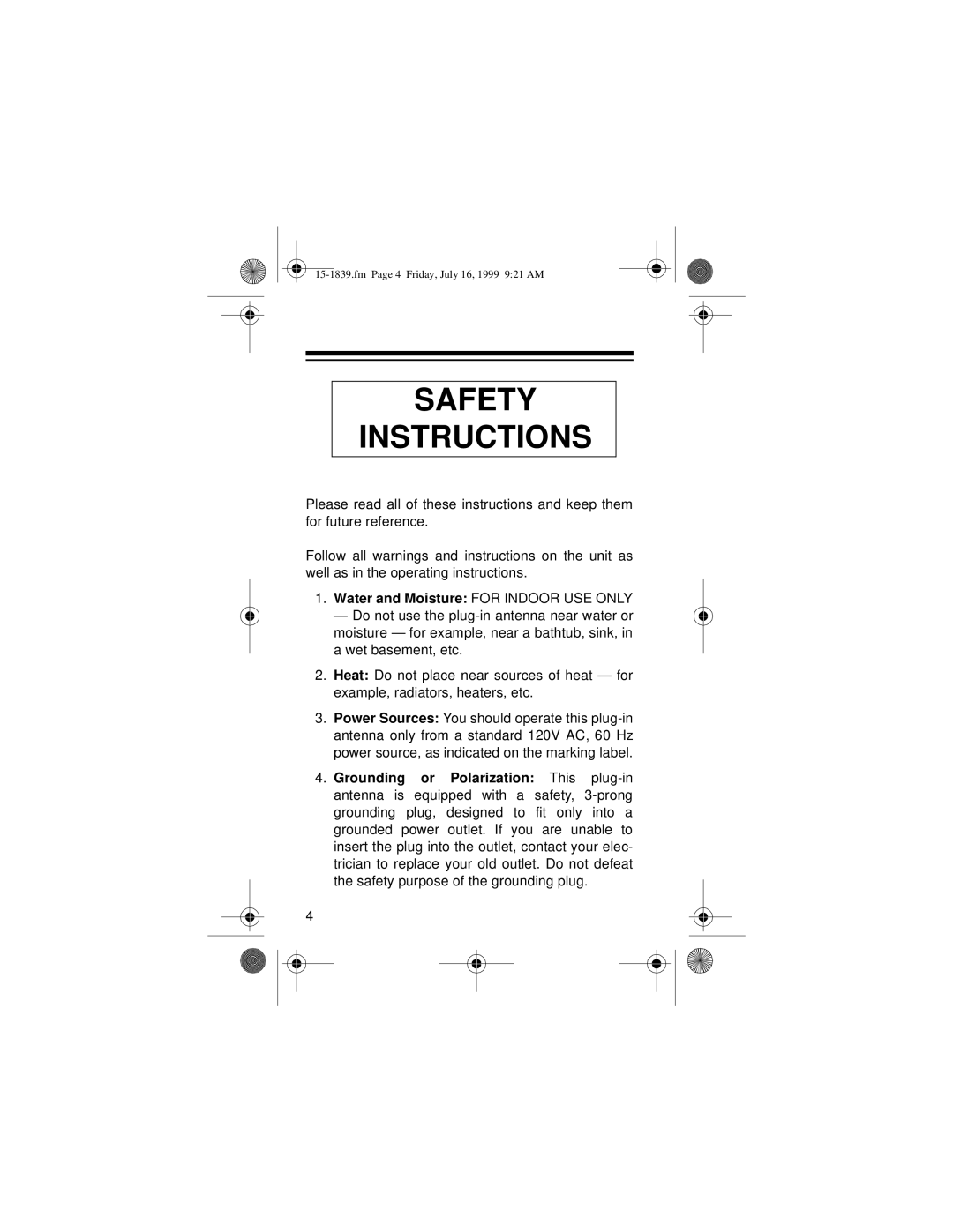 Radio Shack TV ANTENNA owner manual Safety Instructions 