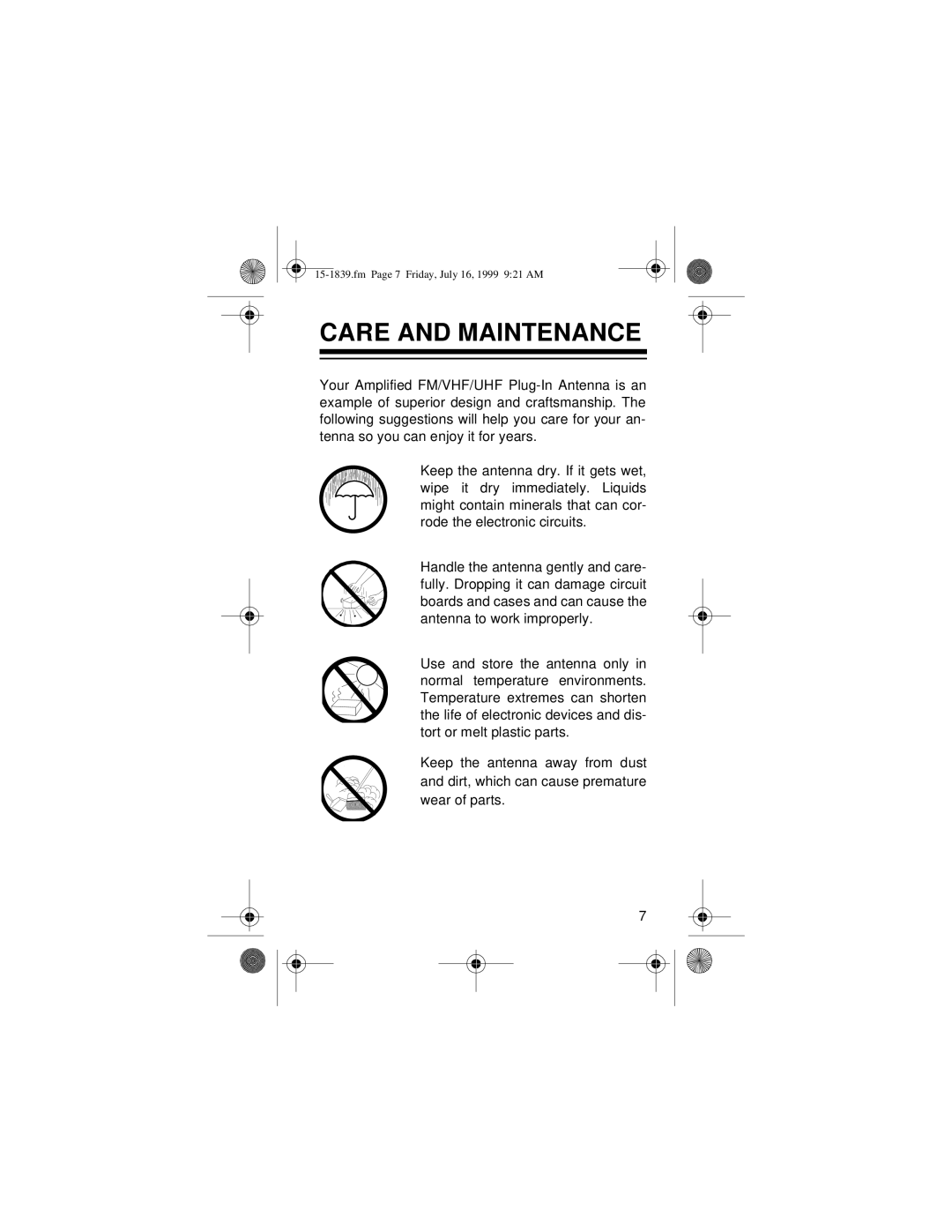 Radio Shack TV ANTENNA owner manual Care And Maintenance, fm Page 7 Friday, July 16, 1999 921 AM 