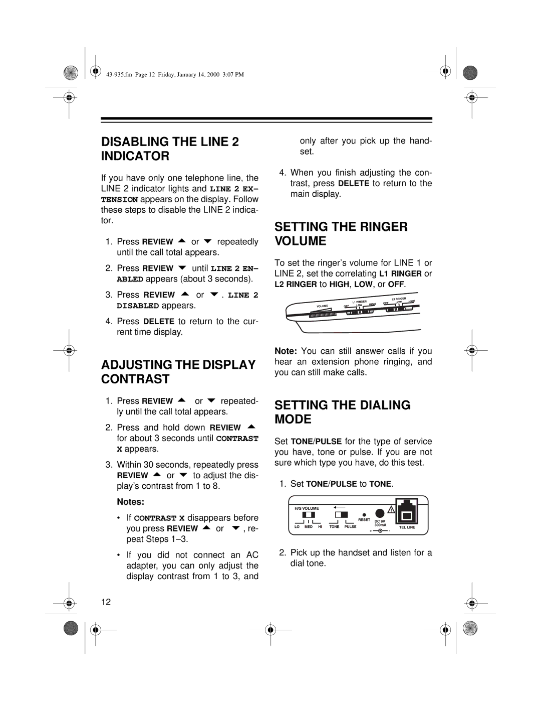 Radio Shack Two-Line Caller ID Phone With Speakerphone Disabling the Line 2 Indicator, Adjusting the Display Contrast 