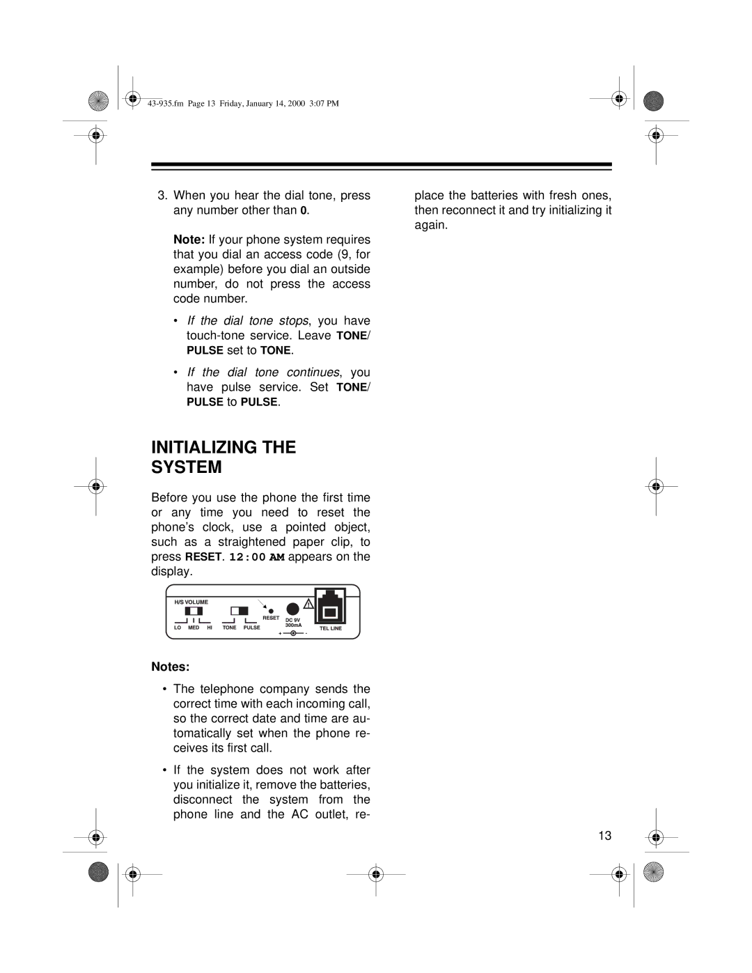 Radio Shack Two-Line Caller ID Phone With Speakerphone owner manual Initializing System 