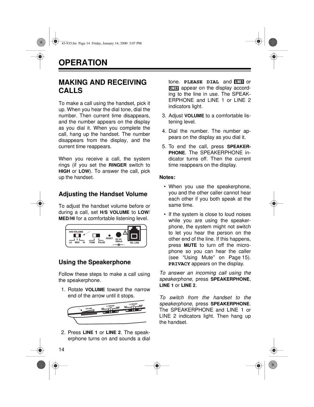 Radio Shack Two-Line Caller ID Phone With Speakerphone Operation, Making and Receiving Calls, Adjusting the Handset Volume 