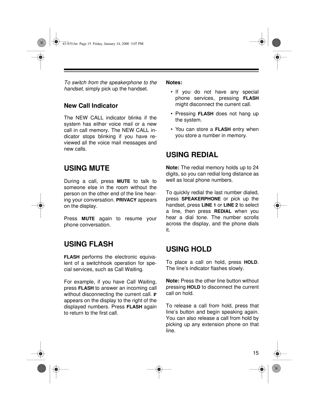 Radio Shack Two-Line Caller ID Phone With Speakerphone owner manual Using Mute, Using Redial, Using Flash, Using Hold 