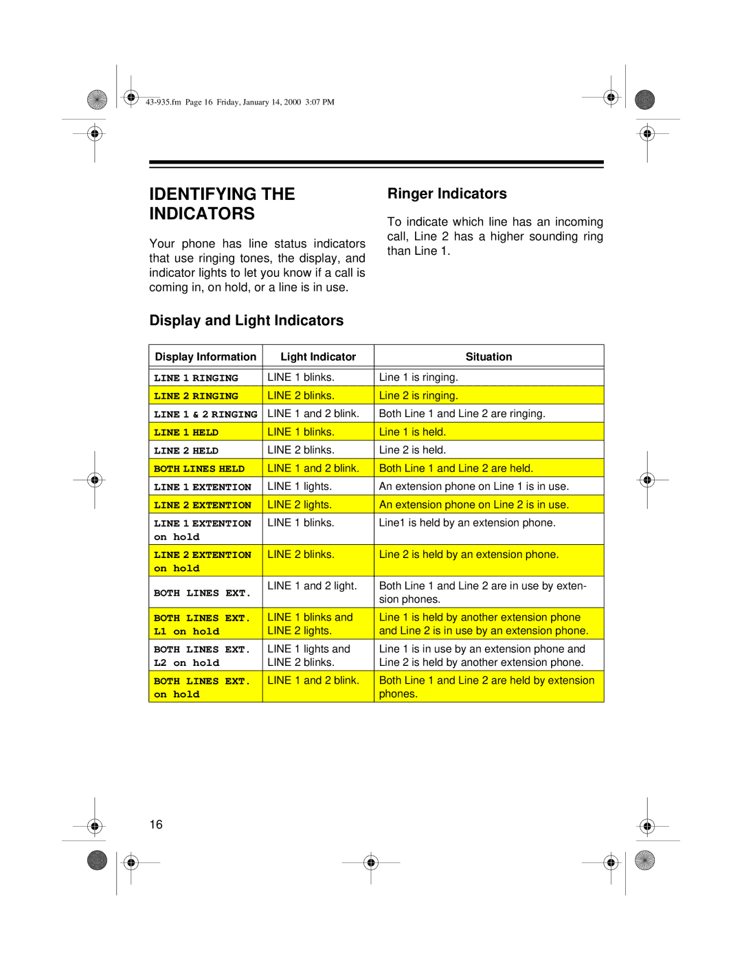 Radio Shack Two-Line Caller ID Phone With Speakerphone owner manual Identifying Indicators, Ringer Indicators 