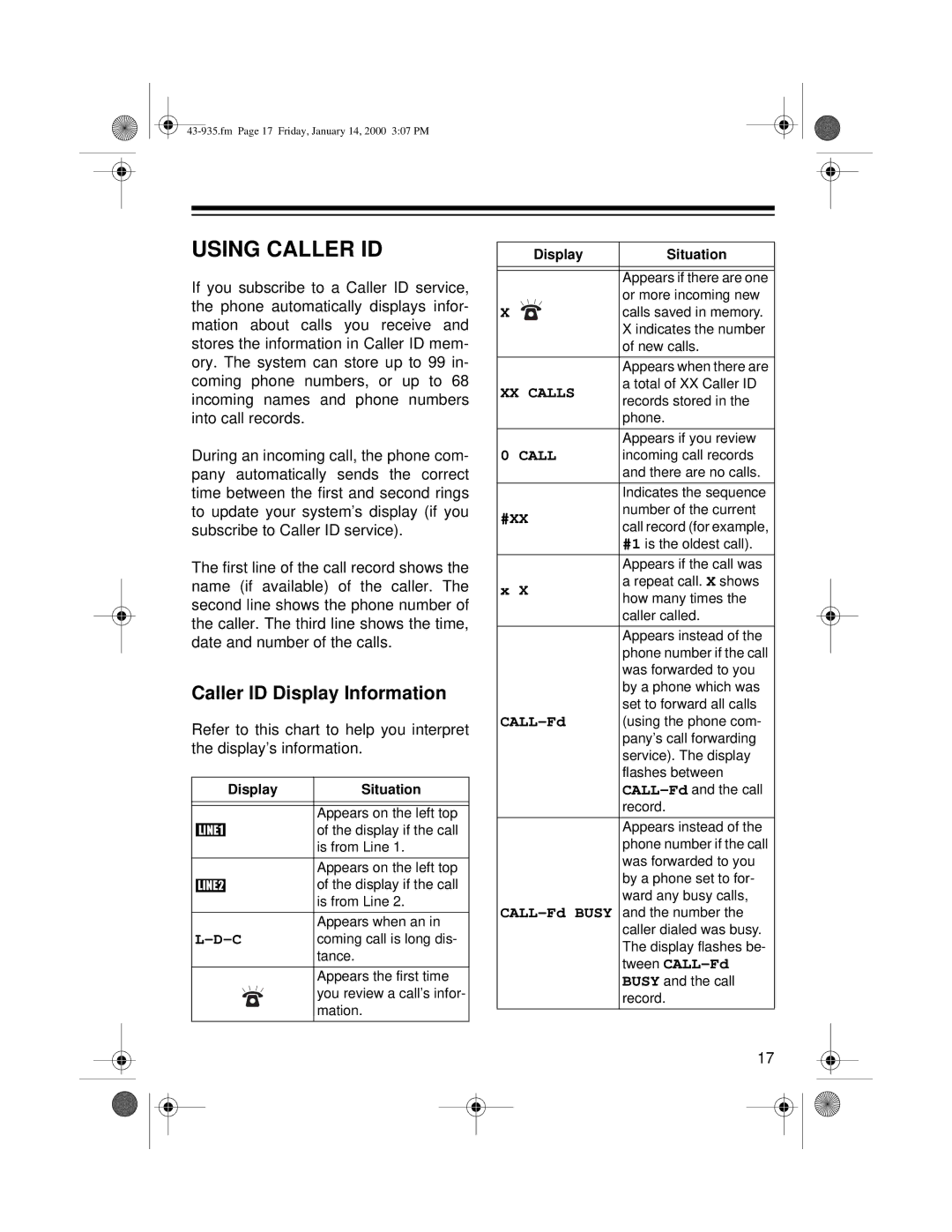 Radio Shack Two-Line Caller ID Phone With Speakerphone owner manual Using Caller ID, Caller ID Display Information 