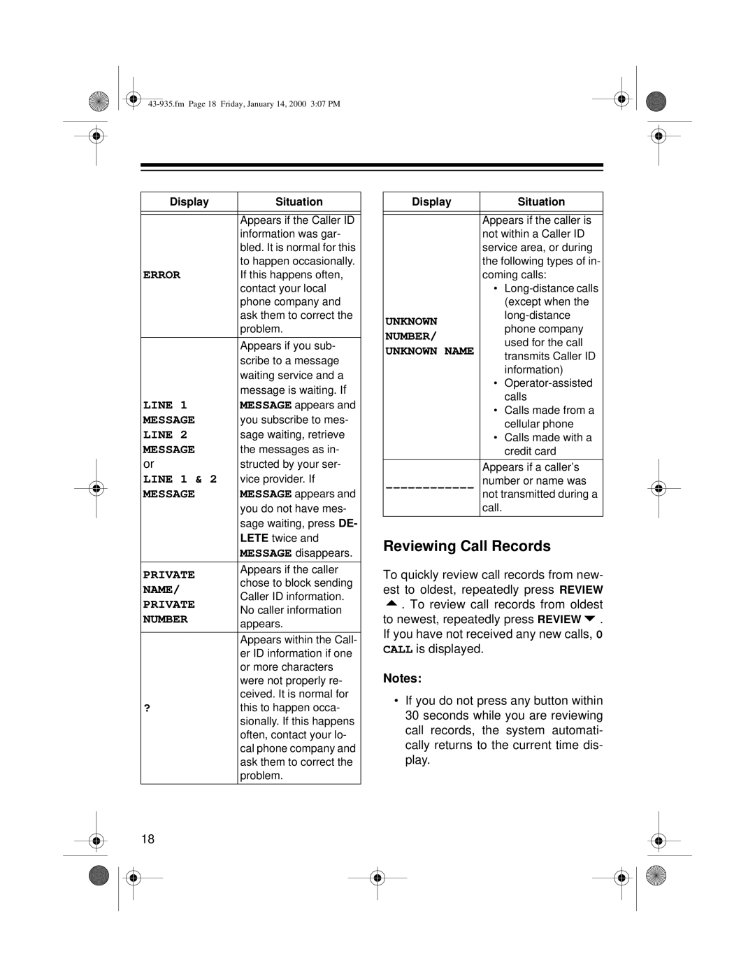 Radio Shack Two-Line Caller ID Phone With Speakerphone owner manual Reviewing Call Records, Error 