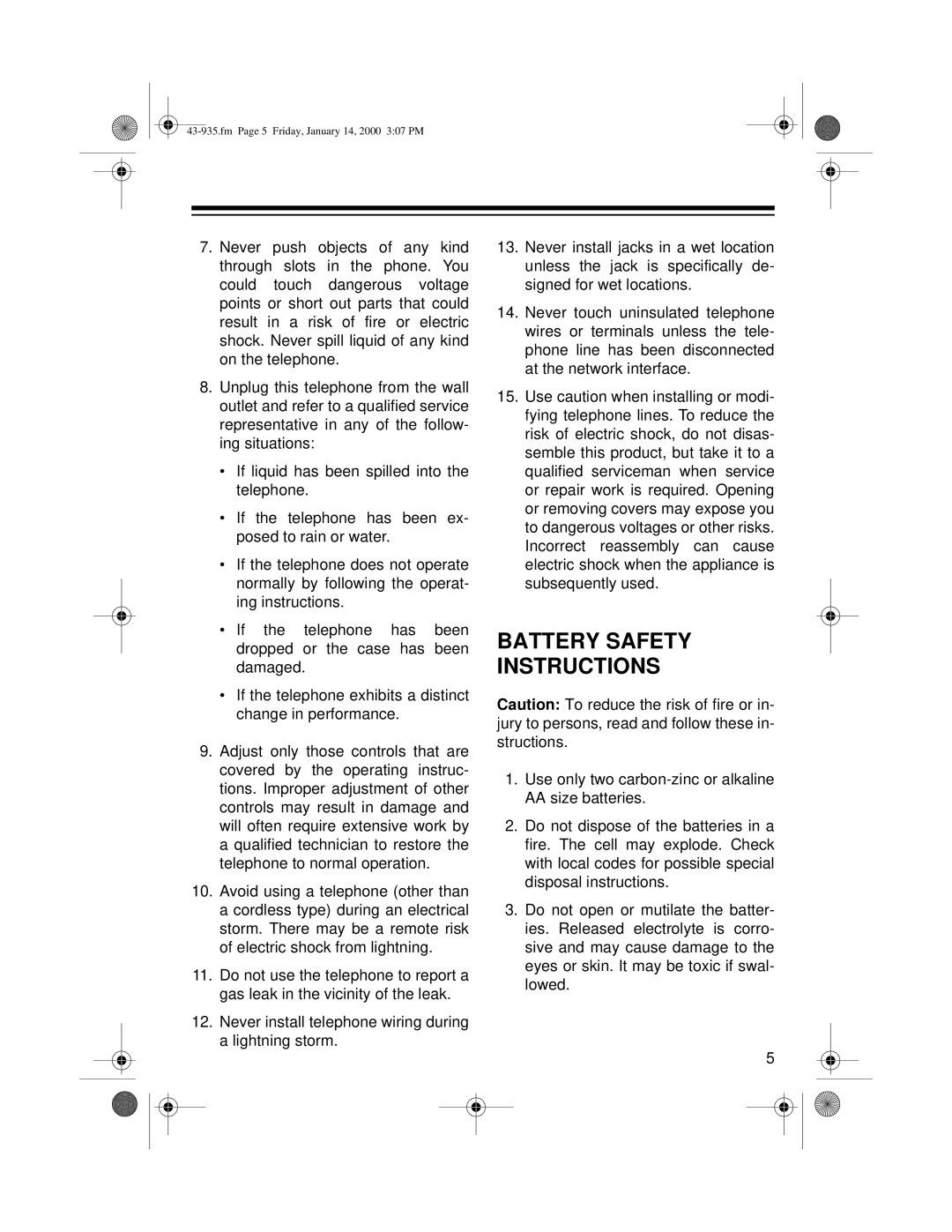 Radio Shack Two-Line Caller ID Phone With Speakerphone owner manual Battery Safety Instructions 