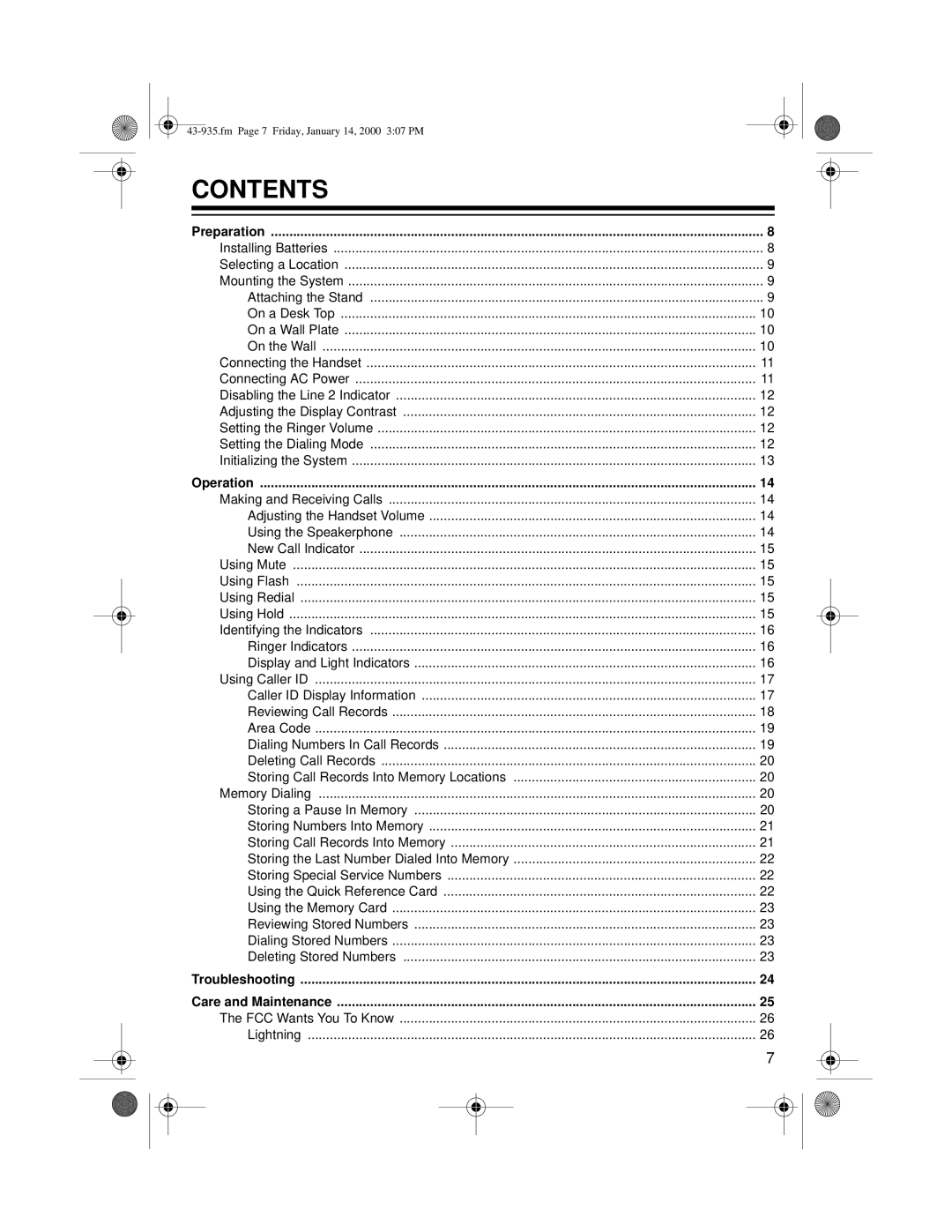 Radio Shack Two-Line Caller ID Phone With Speakerphone owner manual Contents 