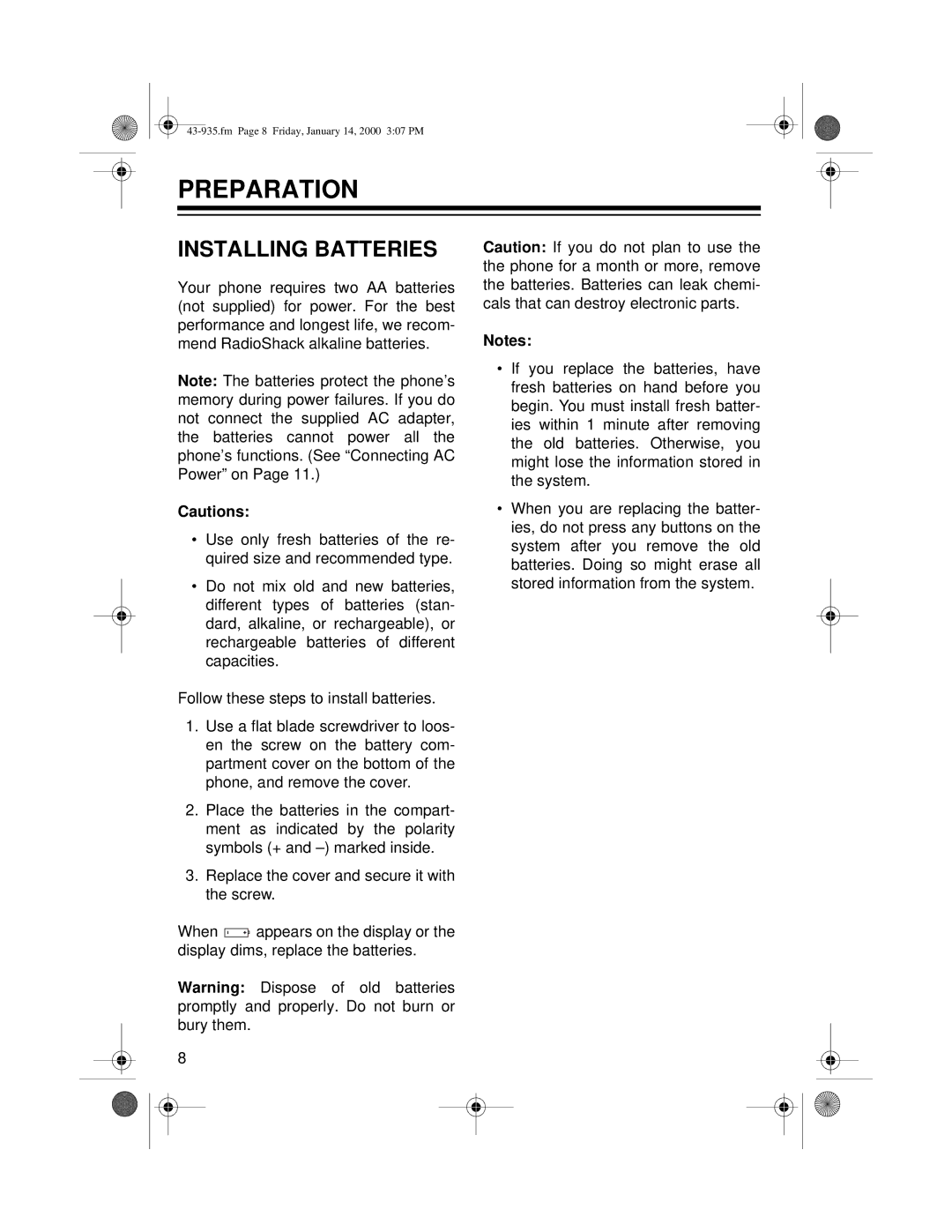 Radio Shack Two-Line Caller ID Phone With Speakerphone owner manual Preparation, Installing Batteries 