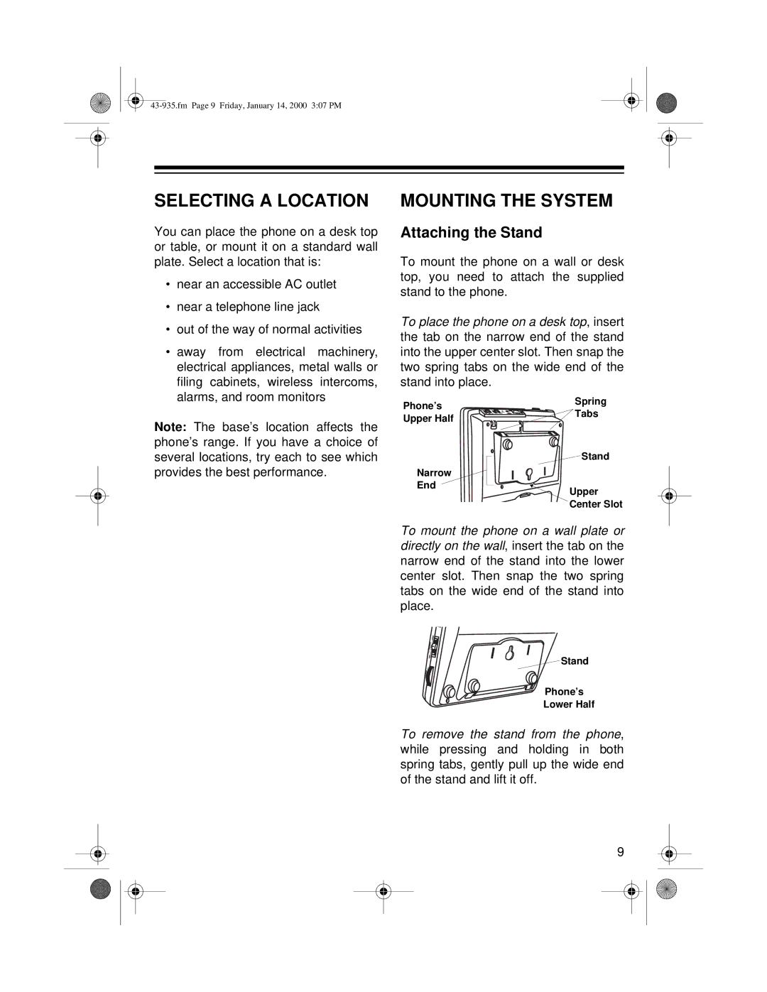 Radio Shack Two-Line Caller ID Phone With Speakerphone Selecting a Location, Mounting the System, Attaching the Stand 