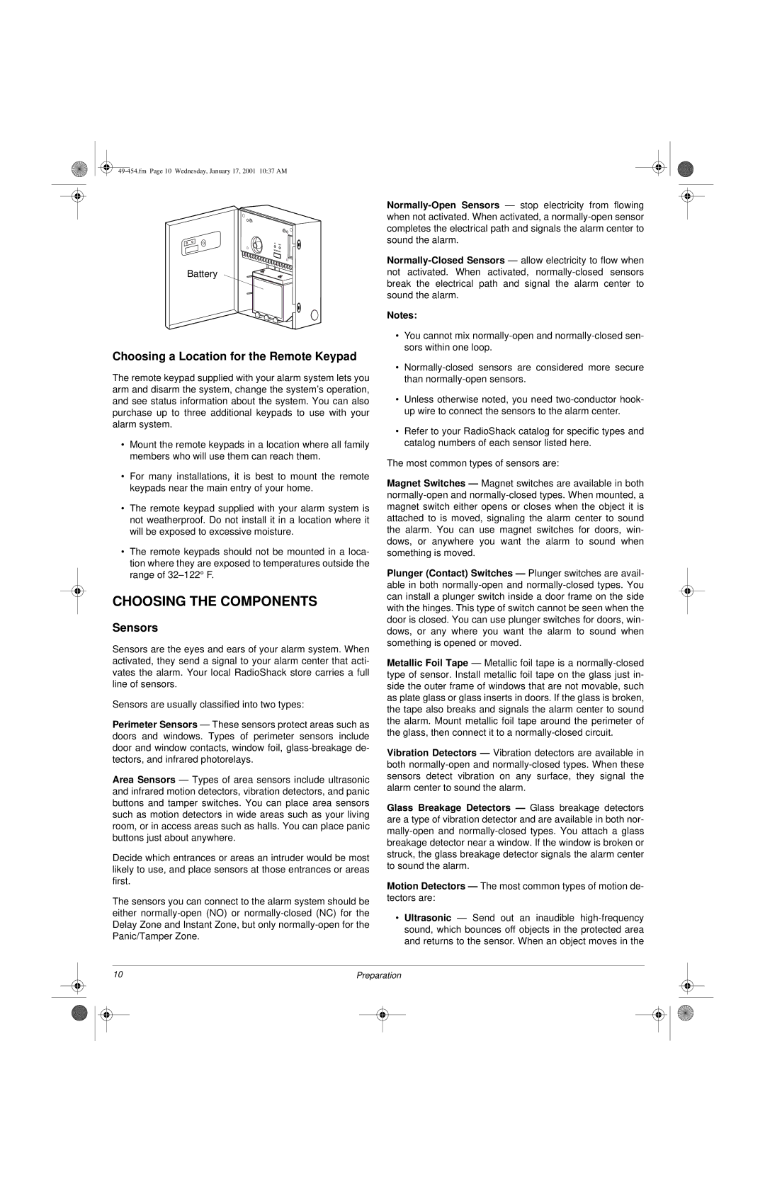 Radio Shack Two-Zone Burglar Alarm System Choosing the Components, Choosing a Location for the Remote Keypad, Sensors 