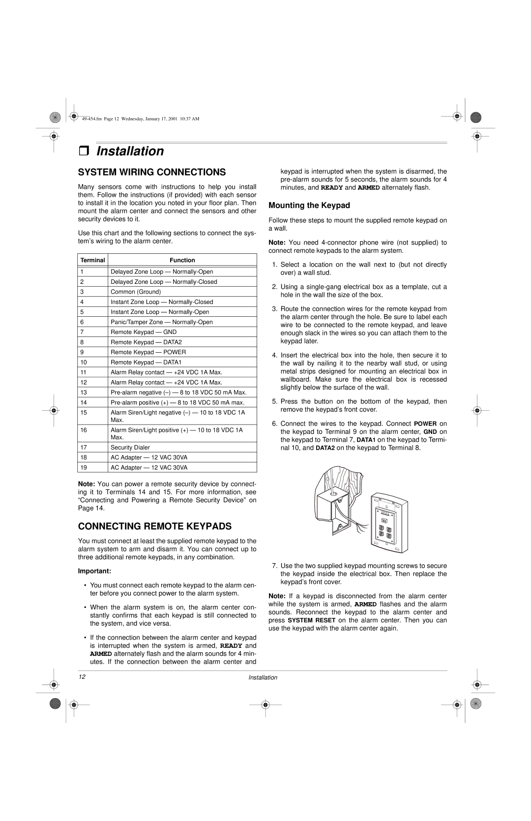 Radio Shack Two-Zone Burglar Alarm System owner manual ˆ Installation, System Wiring Connections, Connecting Remote Keypads 