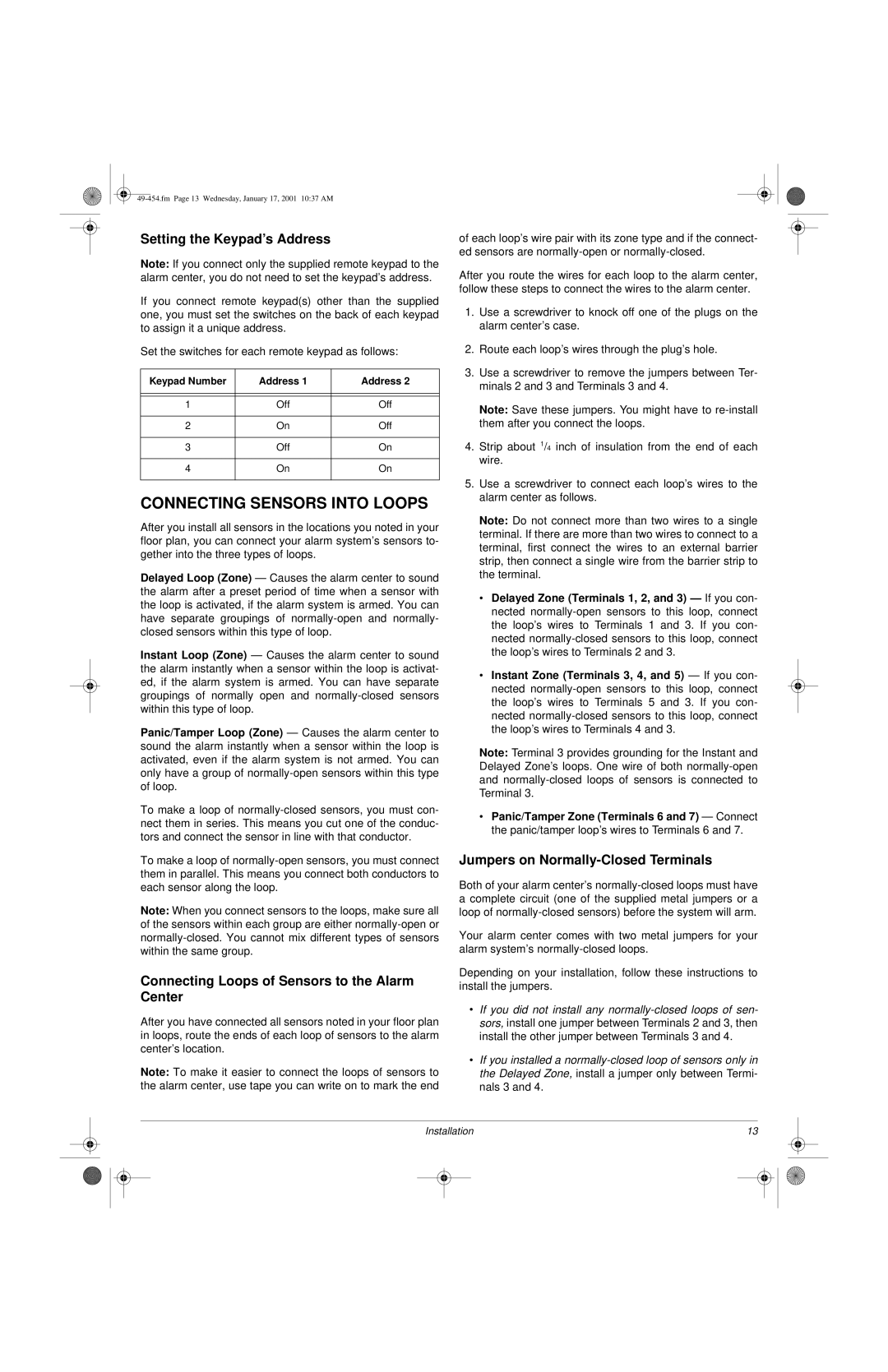 Radio Shack Two-Zone Burglar Alarm System owner manual Connecting Sensors Into Loops, Setting the Keypad’s Address 