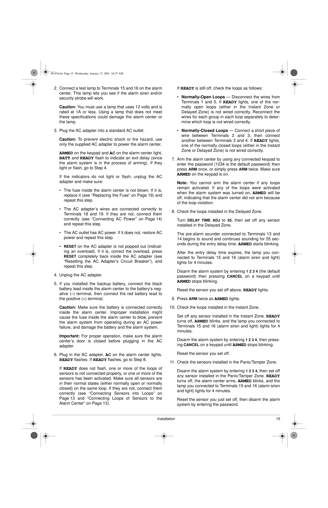 Radio Shack Two-Zone Burglar Alarm System owner manual Fm Page 15 Wednesday, January 17, 2001 1037 AM 