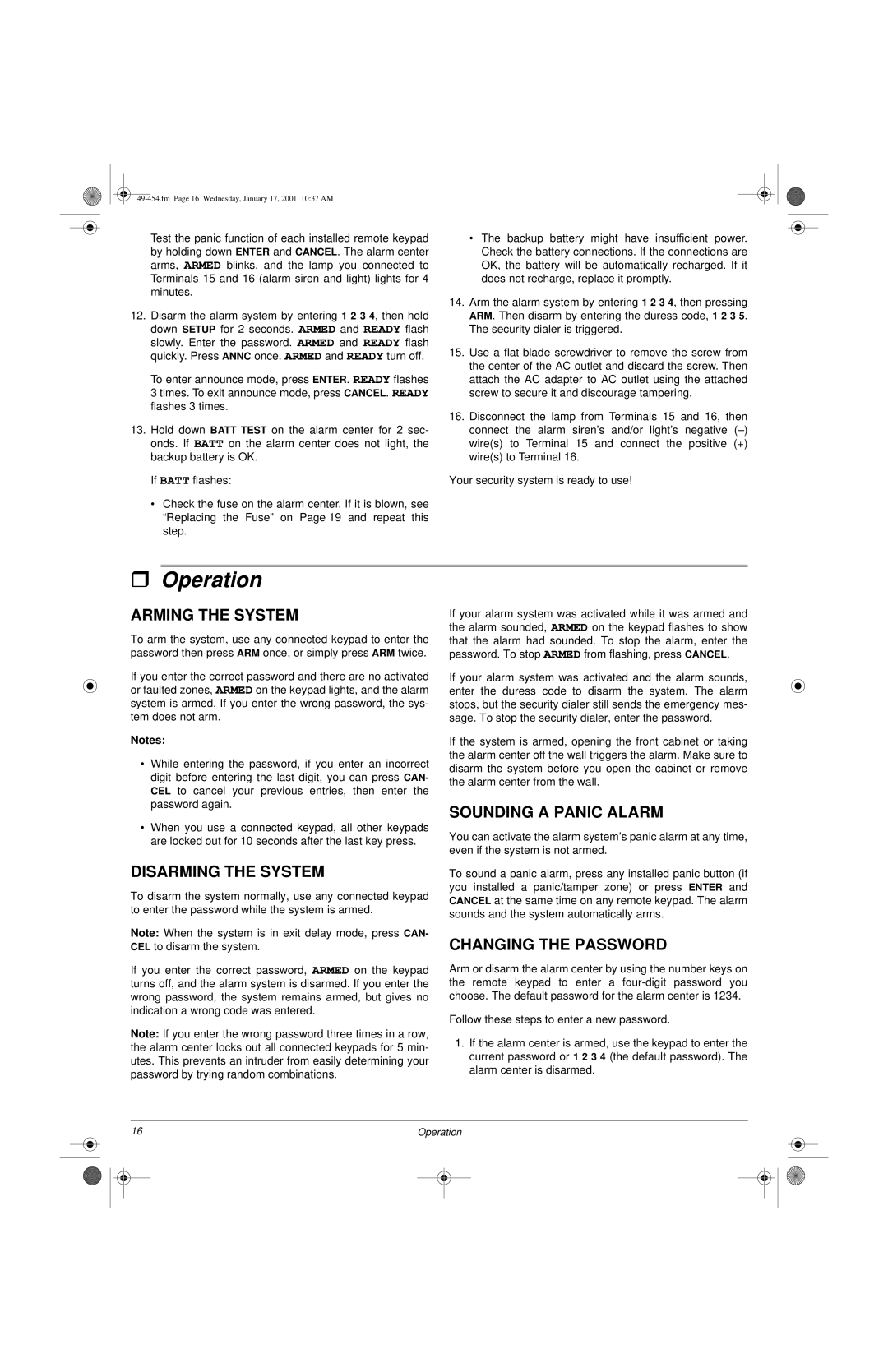 Radio Shack Two-Zone Burglar Alarm System ˆ Operation, Arming the System, Disarming the System, Sounding a Panic Alarm 