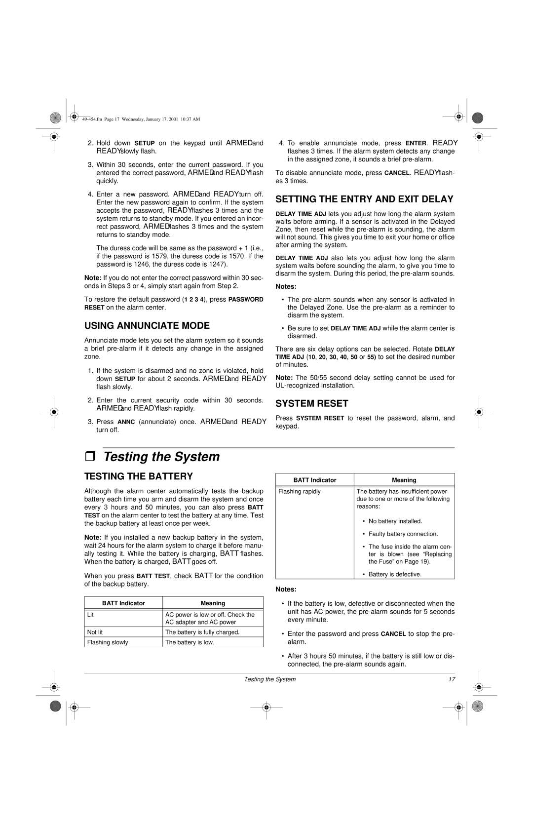 Radio Shack Two-Zone Burglar Alarm System ˆ Testing the System, Using Annunciate Mode, Setting the Entry and Exit Delay 