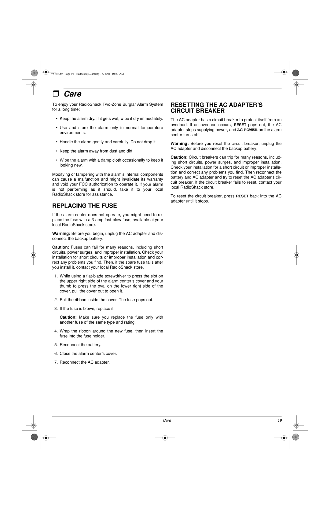 Radio Shack Two-Zone Burglar Alarm System ˆ Care, Replacing the Fuse, Resetting the AC ADAPTER’S Circuit Breaker 