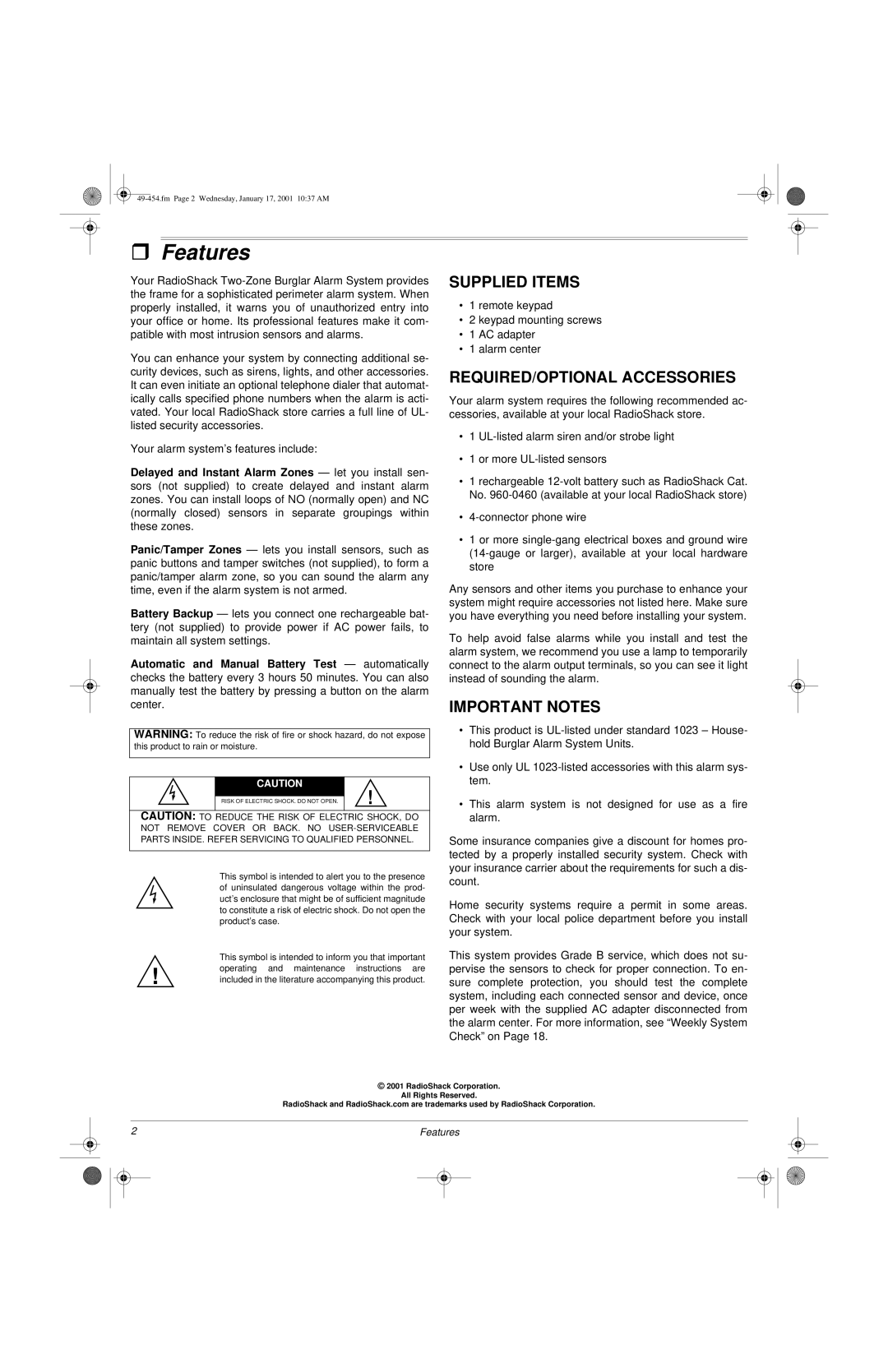 Radio Shack Two-Zone Burglar Alarm System ˆ Features, Supplied Items, REQUIRED/OPTIONAL Accessories, Important Notes 