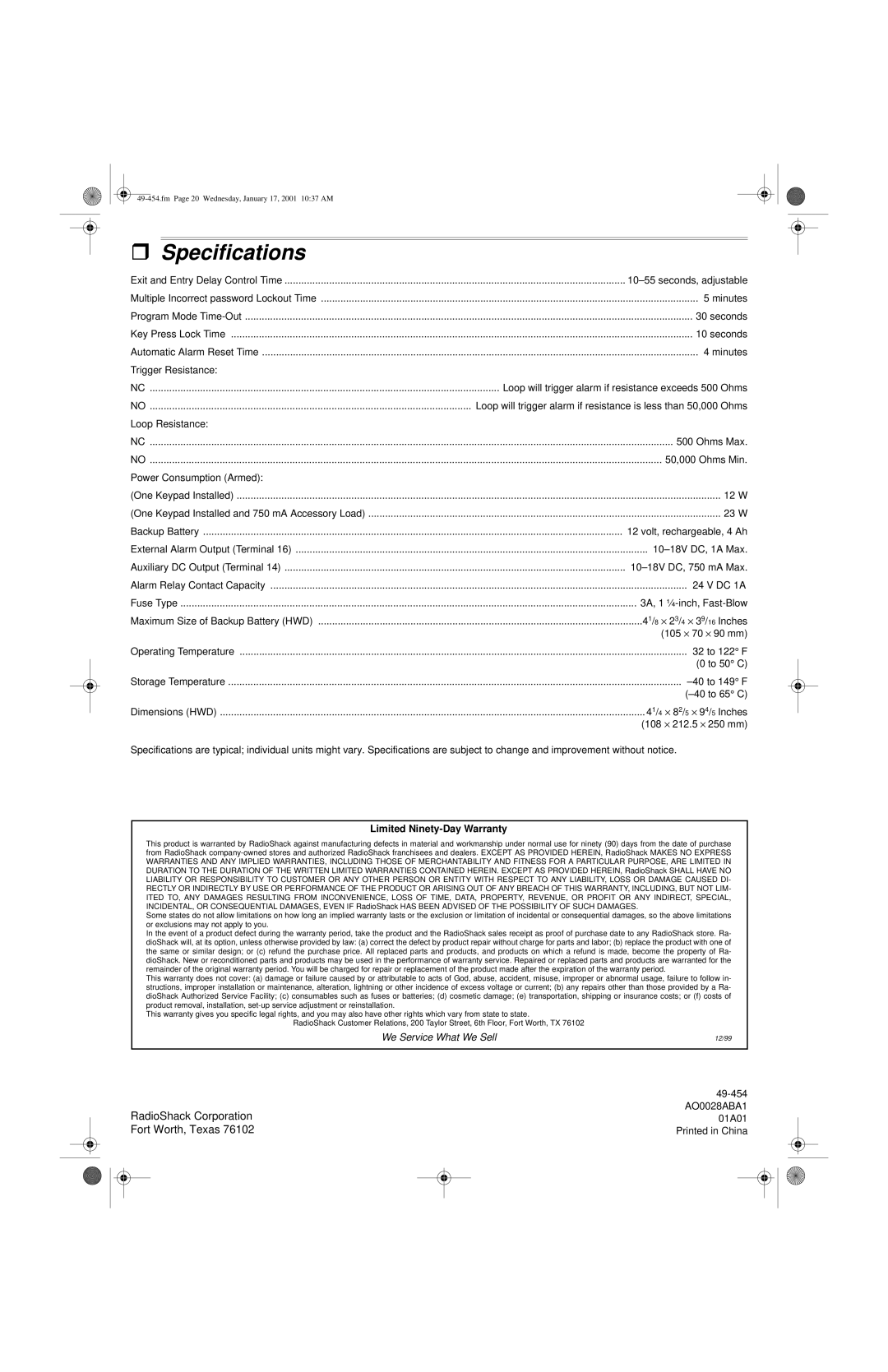 Radio Shack Two-Zone Burglar Alarm System owner manual ˆ Specifications, Limited Ninety-Day Warranty 