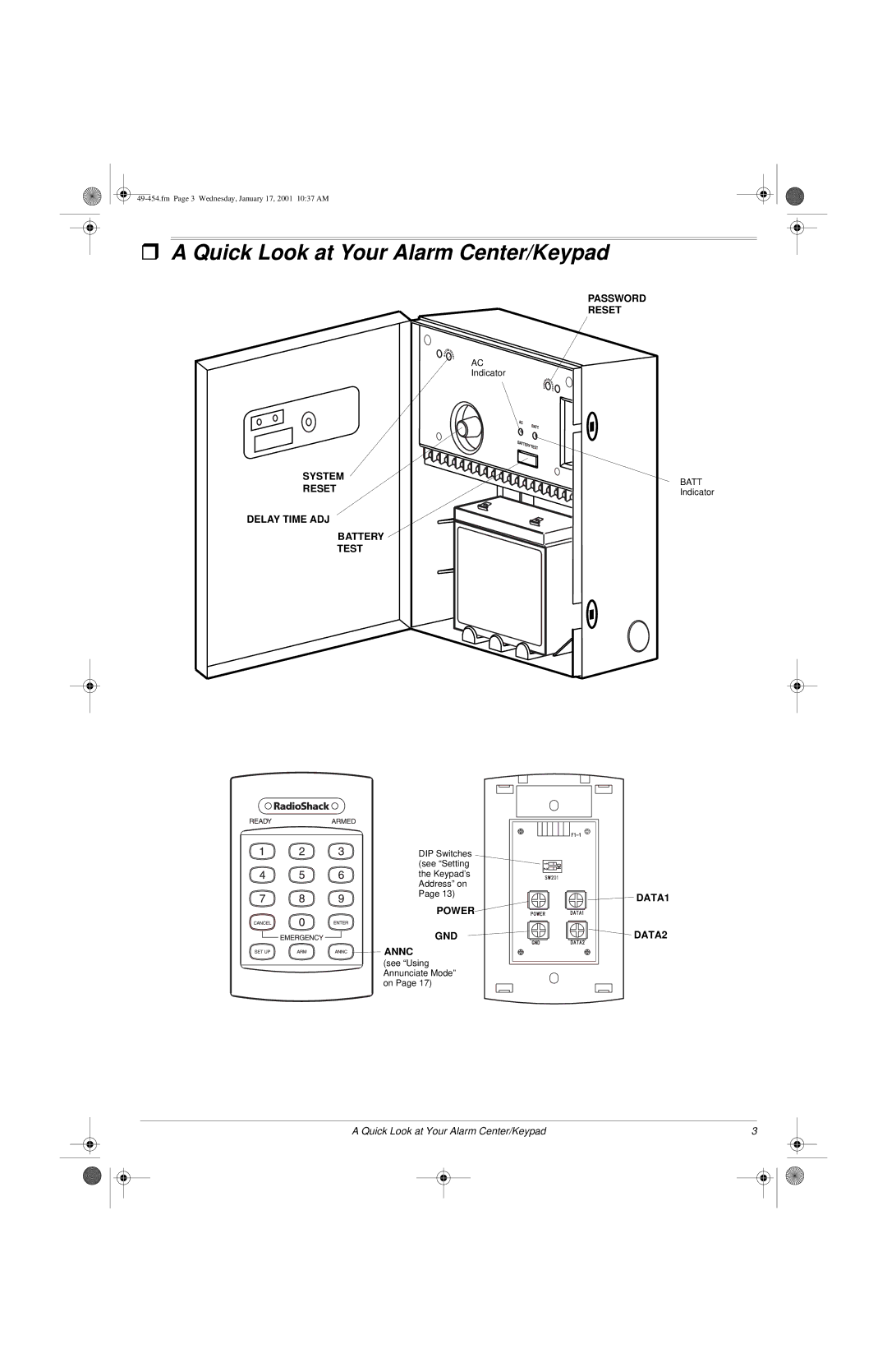 Radio Shack Two-Zone Burglar Alarm System owner manual ˆ a Quick Look at Your Alarm Center/Keypad, Power GND DATA2 Annc 