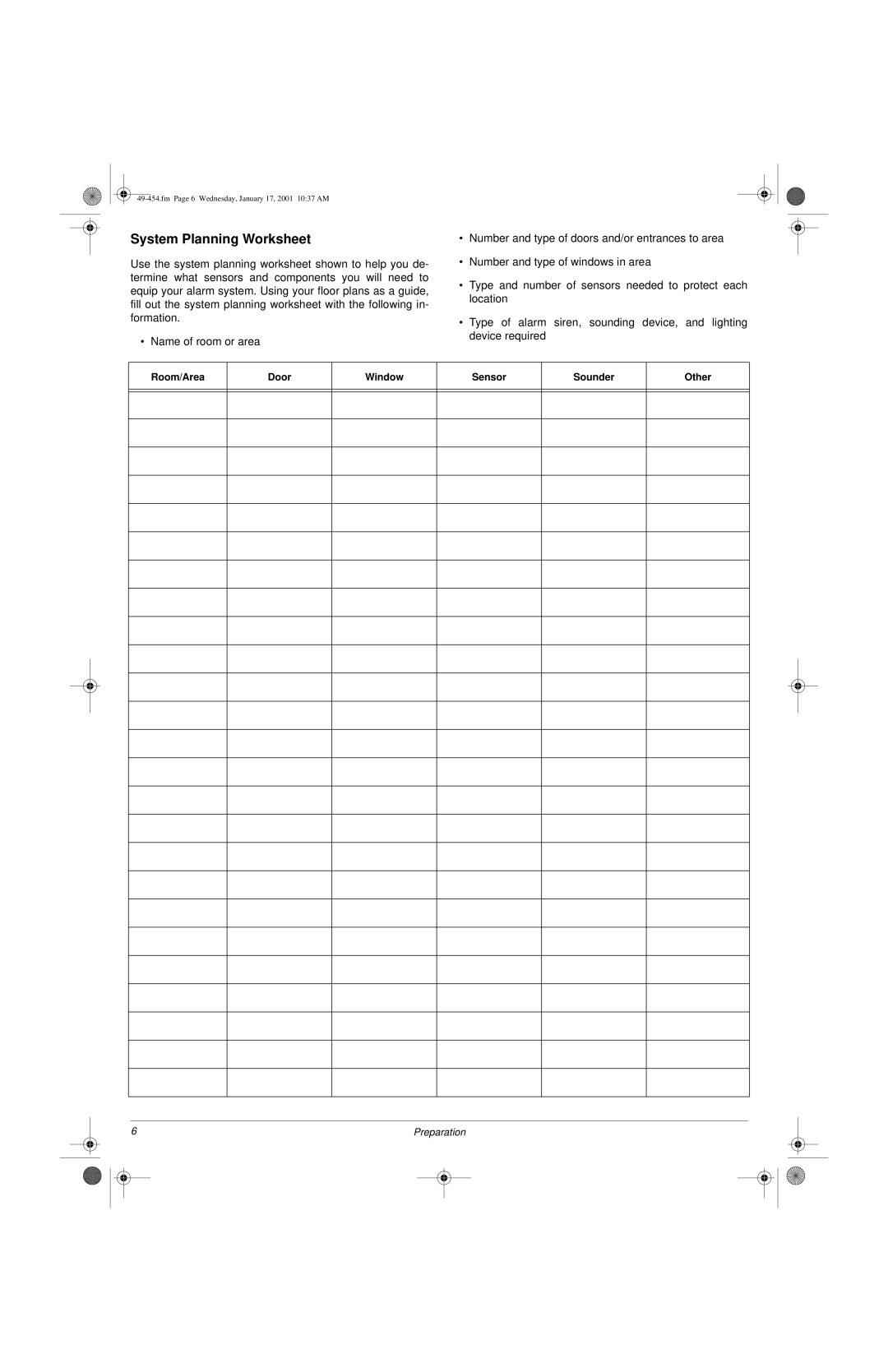 Radio Shack Two-Zone Burglar Alarm System System Planning Worksheet, Room/Area Door Window Sensor Sounder Other 