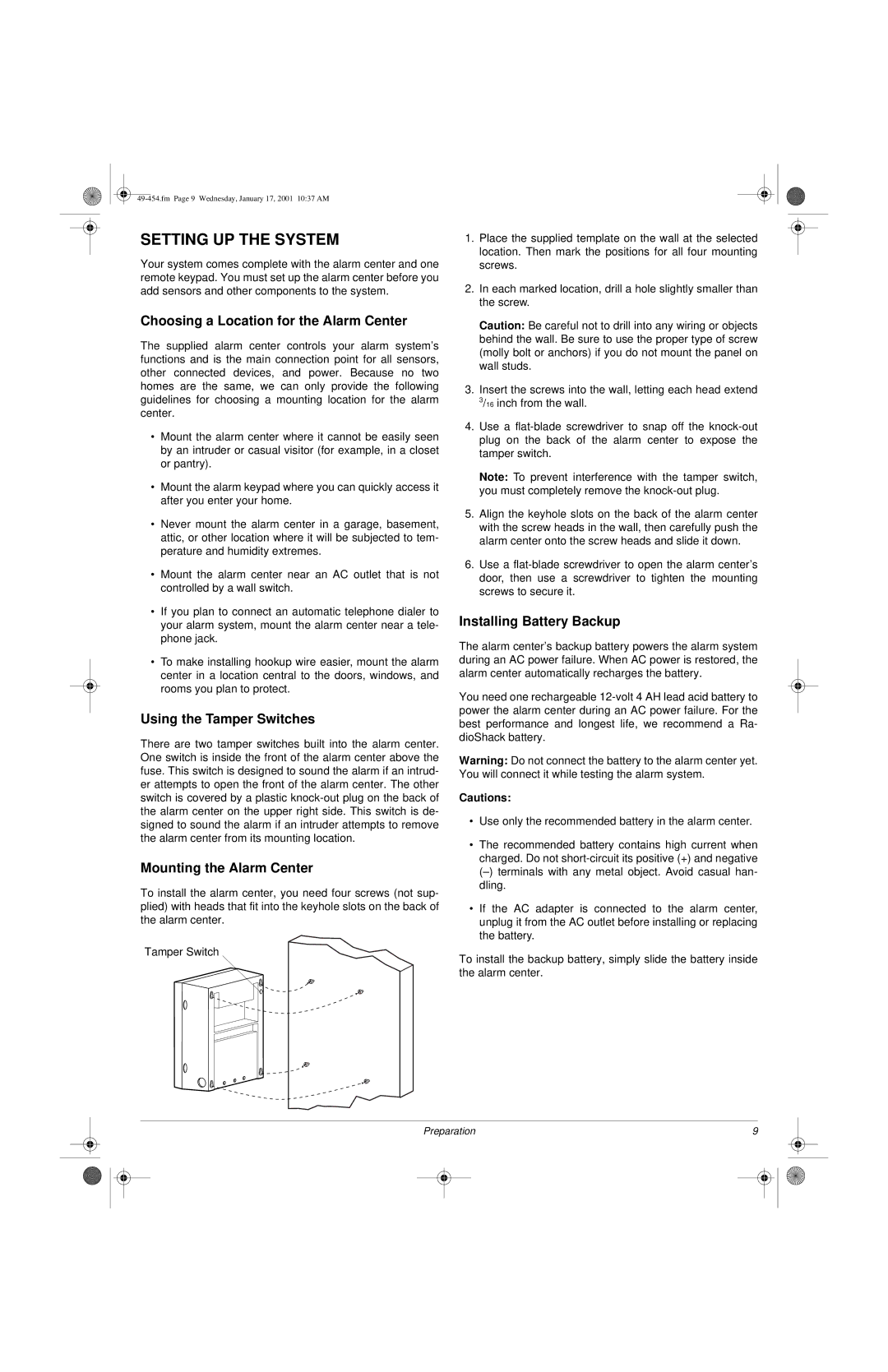 Radio Shack Two-Zone Burglar Alarm System owner manual Setting UP the System, Choosing a Location for the Alarm Center 