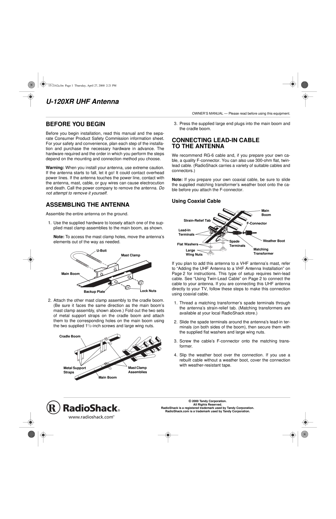 Radio Shack U-120XR owner manual Before YOU Begin, Assembling the Antenna, Using Coaxial Cable 