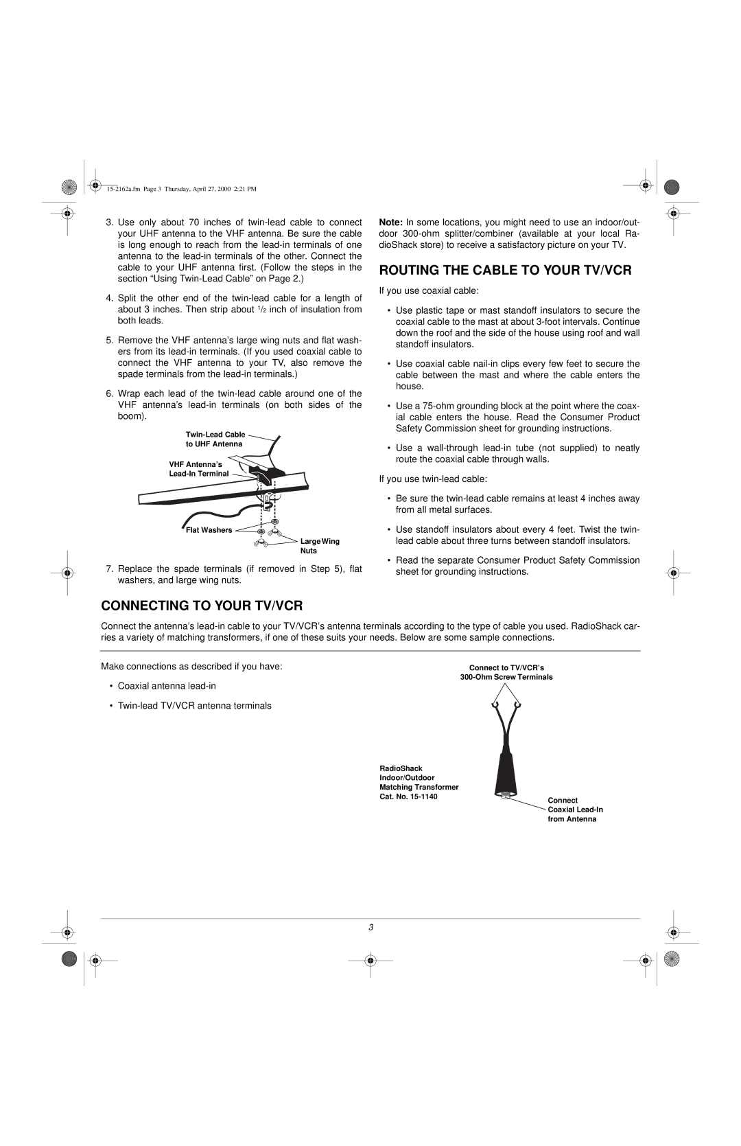 Radio Shack U-120XR owner manual Routing the Cable to Your TV/VCR, Connecting to Your TV/VCR, Coaxial antenna lead-in 