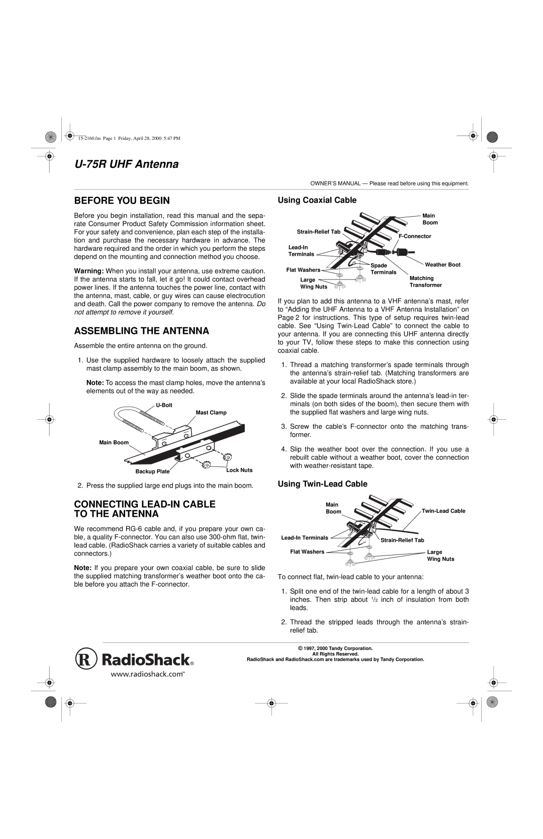 Radio Shack U-75R owner manual Before YOU Begin, Assembling the Antenna, Connecting LEAD-IN Cable To the Antenna 