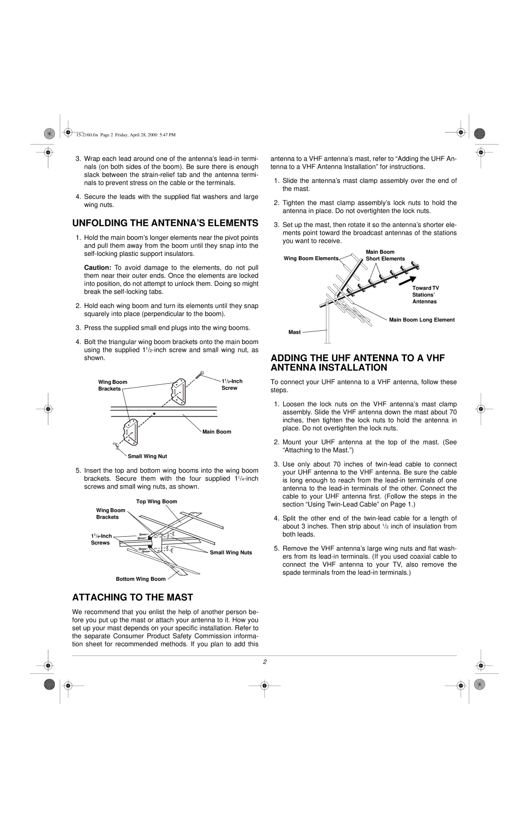 Radio Shack U-75R owner manual Unfolding the ANTENNA’S Elements, Attaching to the Mast 