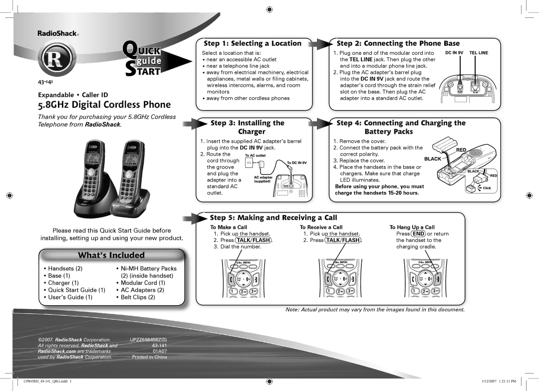 Radio Shack UPZZ69845BZ quick start Uick, Tart, Selecting a Location Connecting the Phone Base 