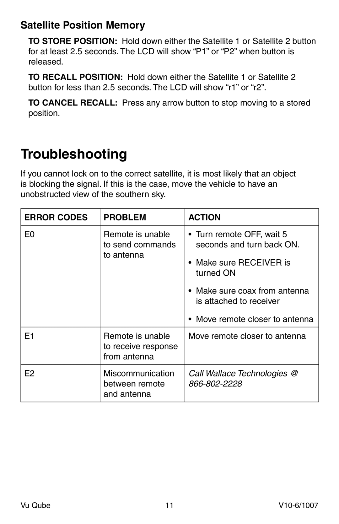 Radio Shack V10 specifications Troubleshooting, Satellite Position Memory 