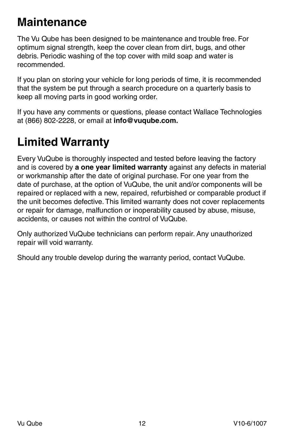 Radio Shack V10 specifications Maintenance, Limited Warranty 