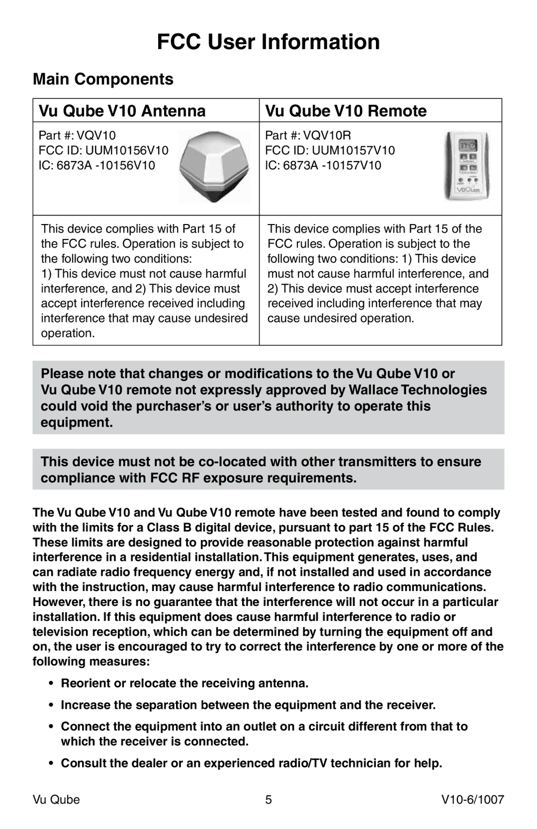 Radio Shack specifications FCC User Information, Main Components Vu Qube V10 Antenna Vu Qube V10 Remote 