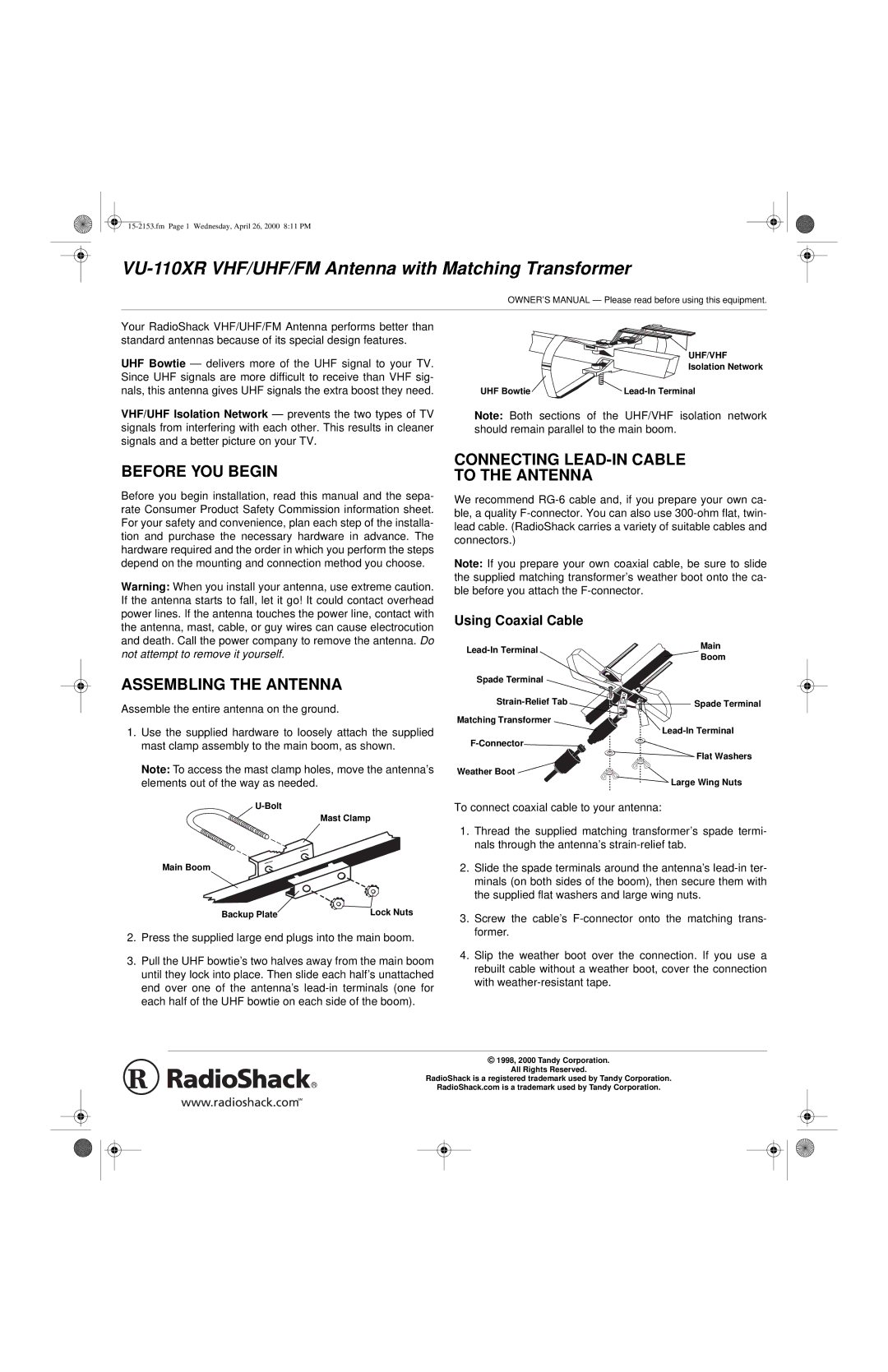 Radio Shack VU-110XR owner manual Before YOU Begin, Assembling the Antenna, Connecting LEAD-IN Cable To the Antenna 