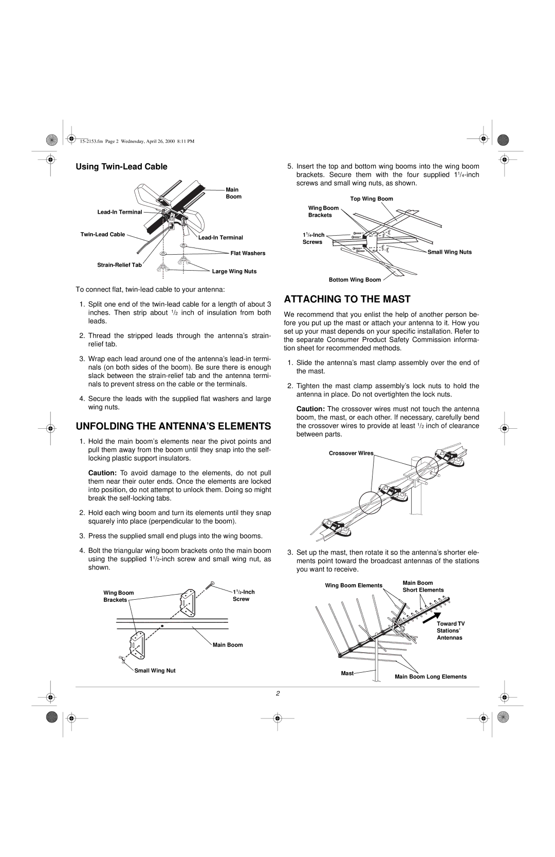 Radio Shack VU-110XR owner manual Unfolding the ANTENNA’S Elements, Attaching to the Mast, Using Twin-Lead Cable 