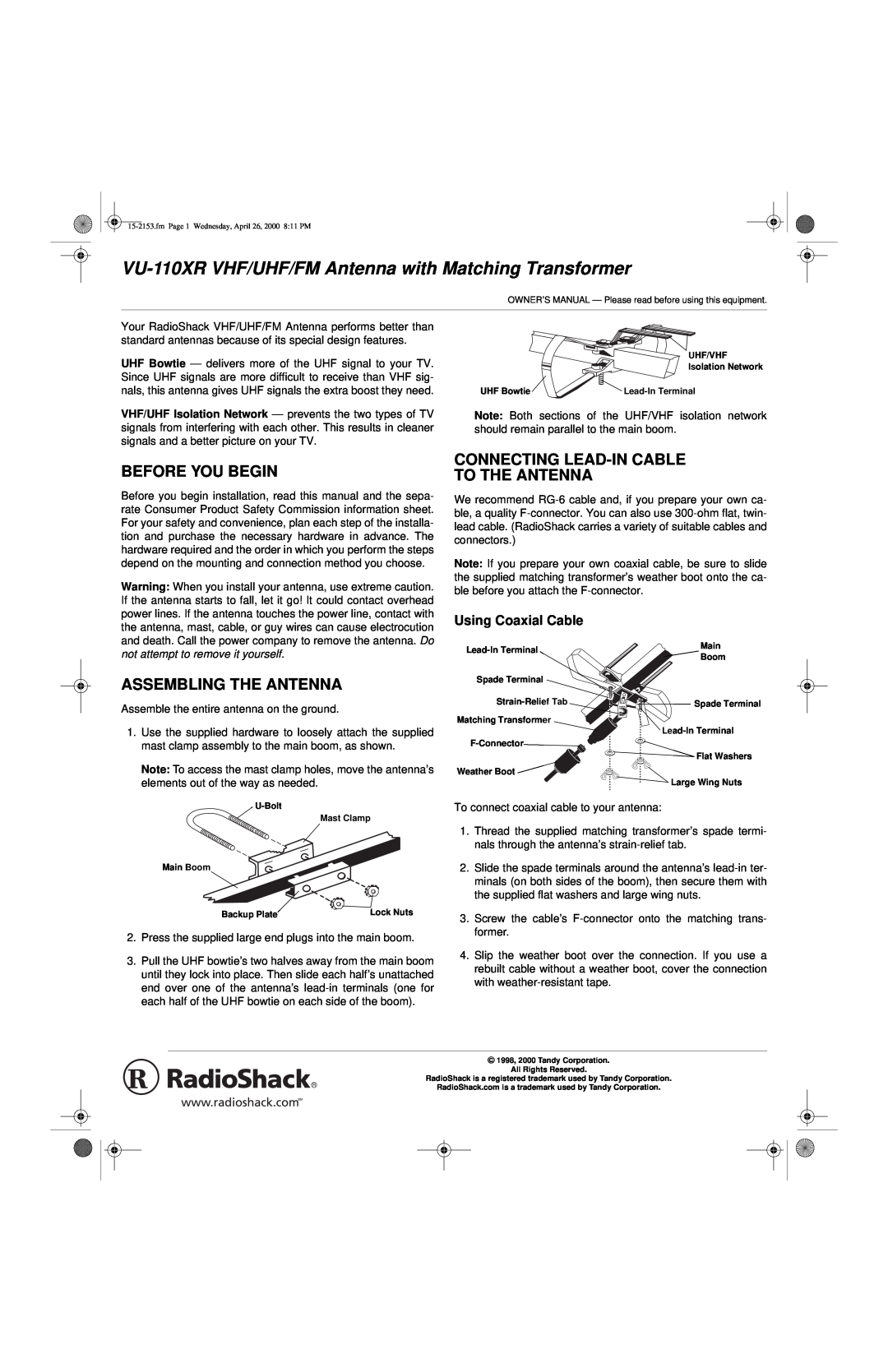Radio Shack VU-110XR owner manual Before You Begin, Assembling The Antenna, Connecting Lead-In Cable To The Antenna 