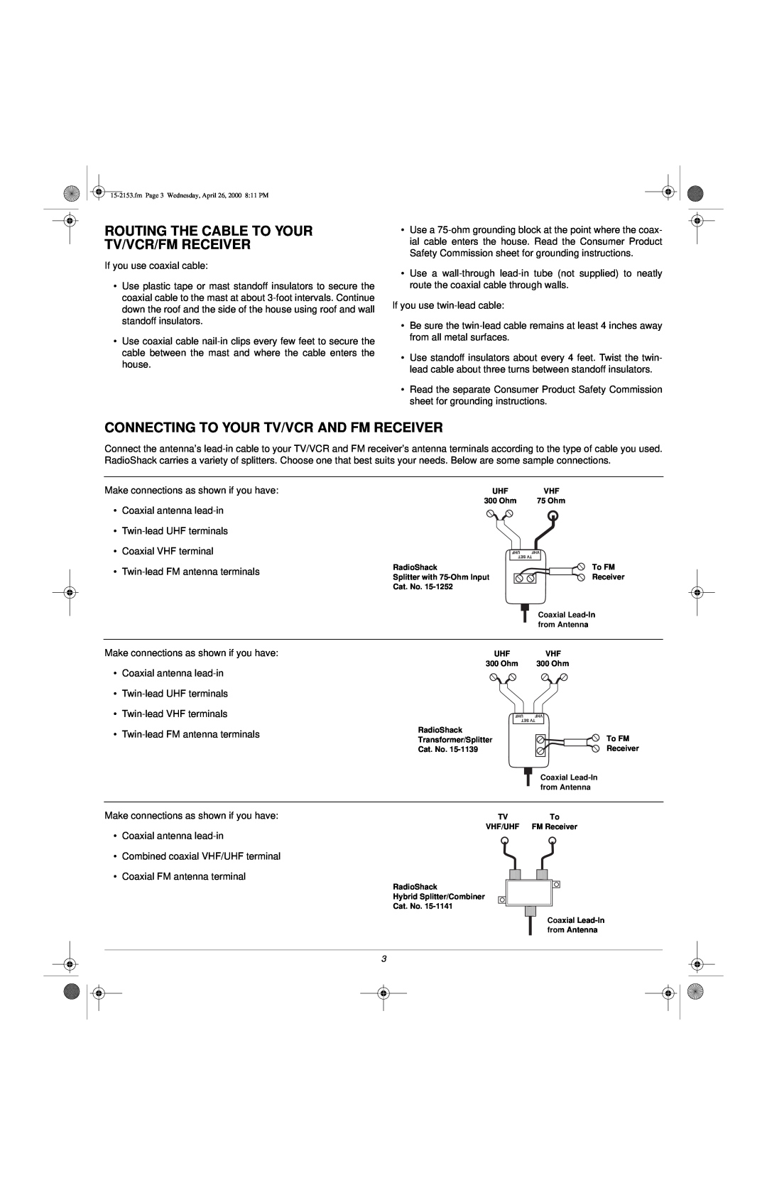 Radio Shack VU-110XR owner manual Routing The Cable To Your Tv/Vcr/Fm Receiver, Connecting To Your Tv/Vcr And Fm Receiver 