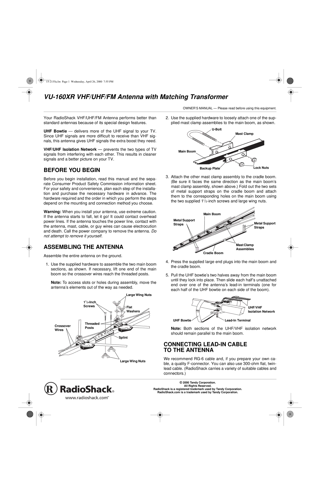 Radio Shack VU-160XR owner manual Before YOU Begin, Assembling the Antenna, Connecting LEAD-IN Cable To the Antenna 