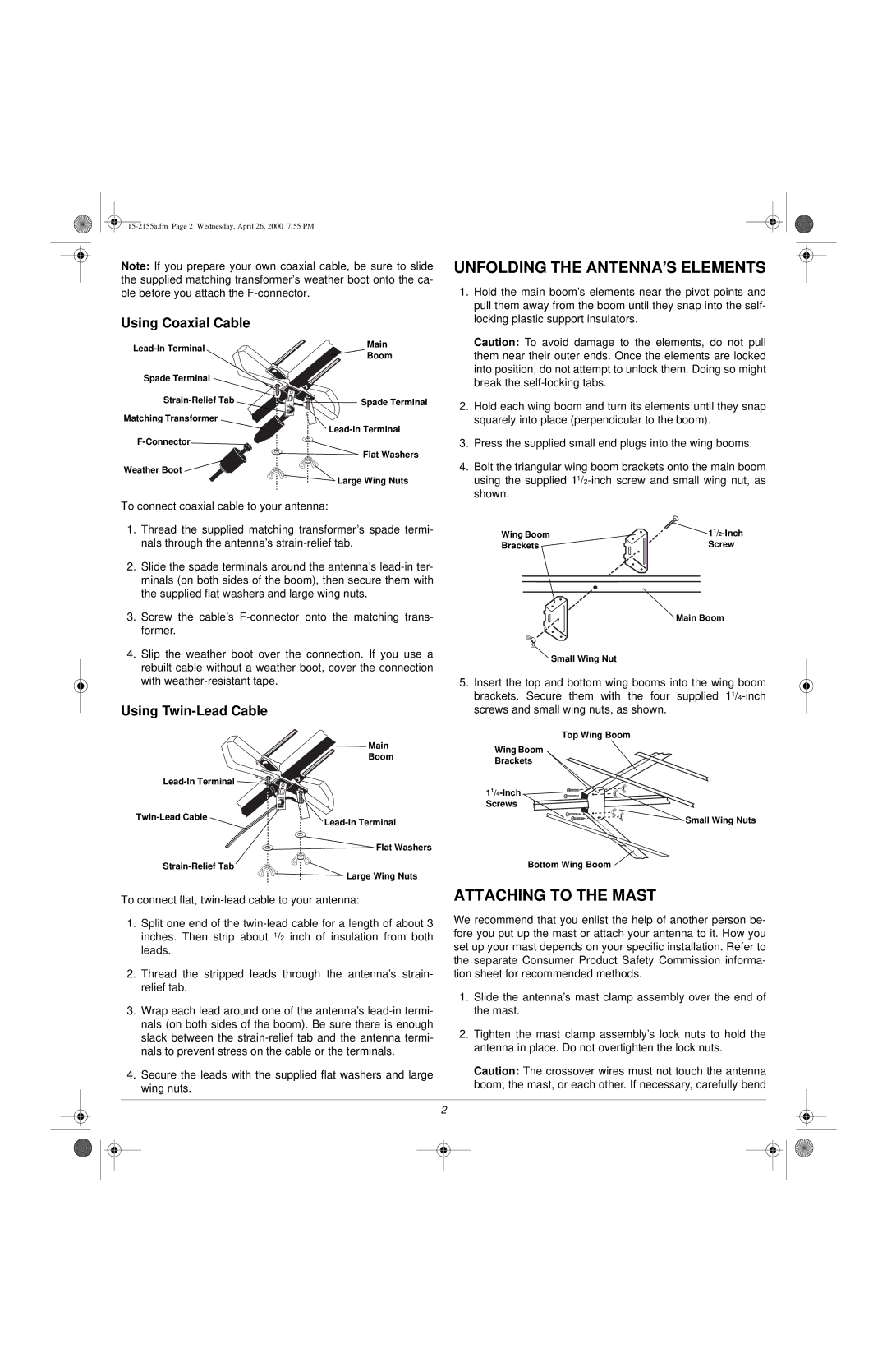 Radio Shack VU-160XR owner manual Unfolding the ANTENNA’S Elements, Attaching to the Mast 