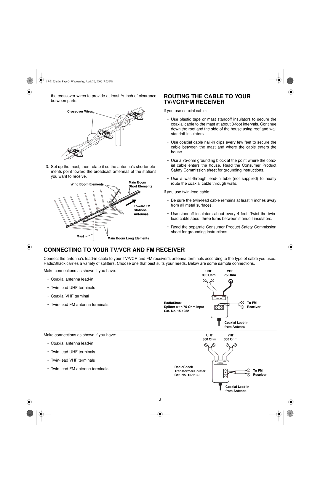 Radio Shack VU-160XR owner manual Routing the Cable to Your TV/VCR/FM Receiver, Connecting to Your TV/VCR and FM Receiver 