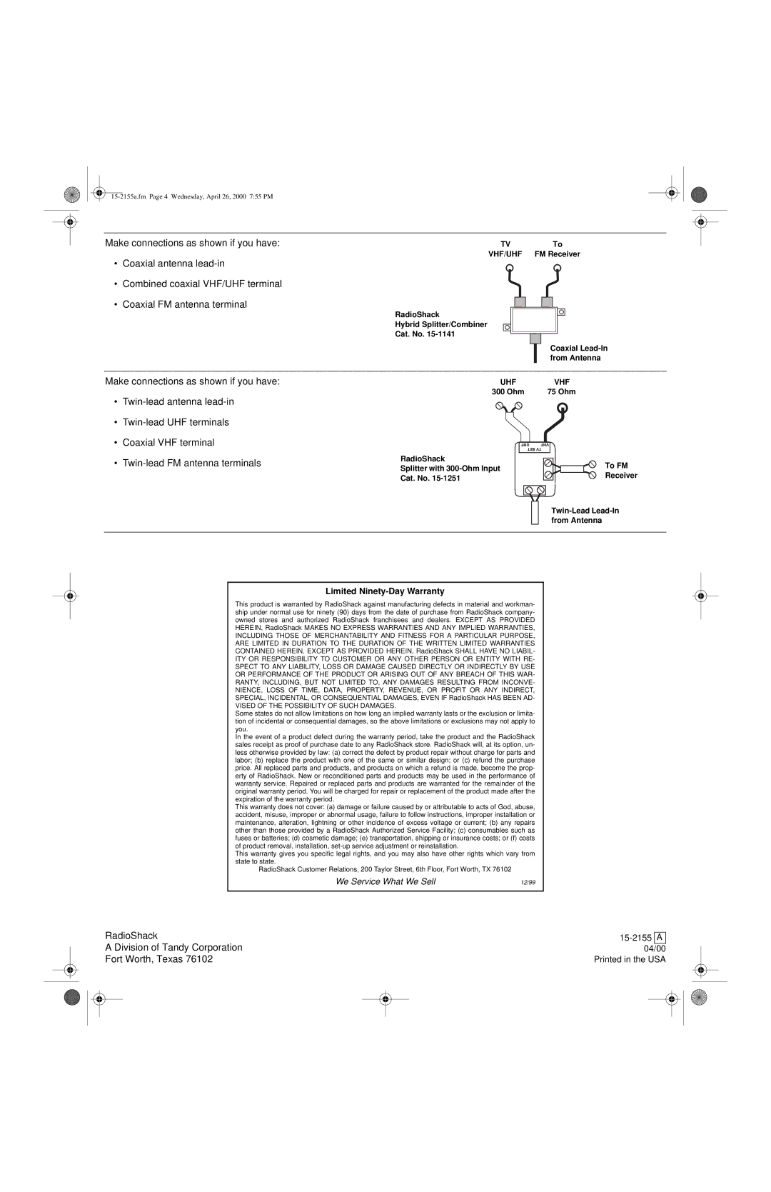 Radio Shack VU-160XR owner manual RadioShack Division of Tandy Corporation Fort Worth, Texas 