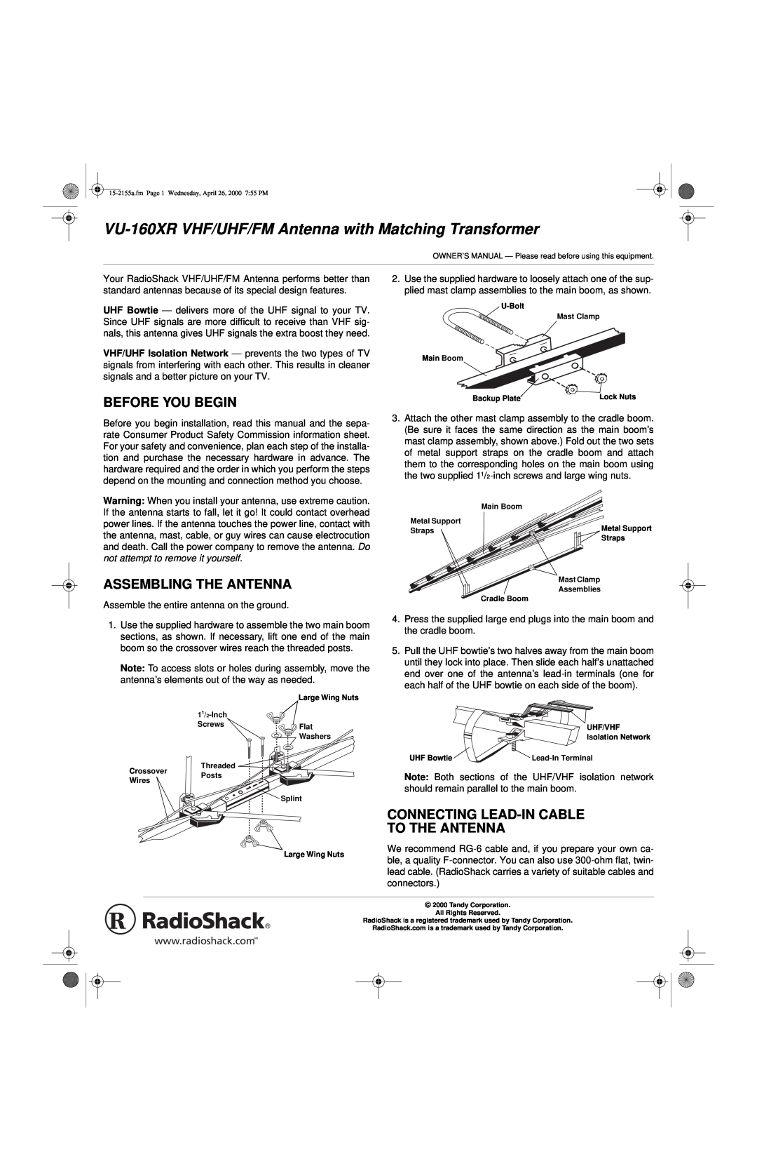 Radio Shack VU-160XR owner manual Before You Begin, Assembling The Antenna, Connecting Lead-In Cable To The Antenna 