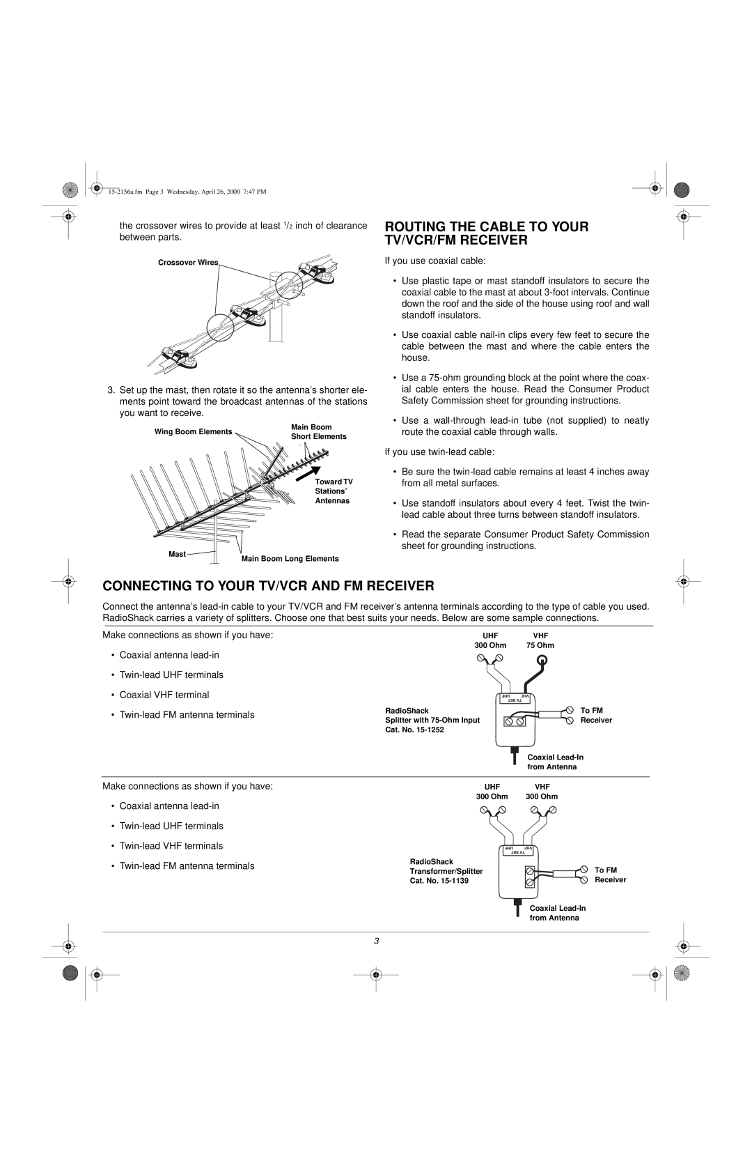 Radio Shack VU-190XR owner manual Routing the Cable to Your TV/VCR/FM Receiver, Connecting to Your TV/VCR and FM Receiver 