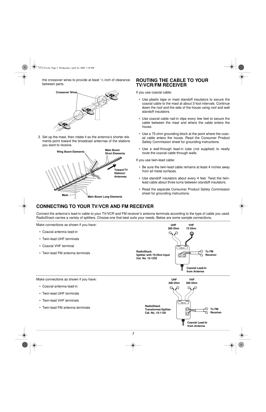 Radio Shack VU-210XR owner manual Routing the Cable to Your TV/VCR/FM Receiver, Connecting to Your TV/VCR and FM Receiver 